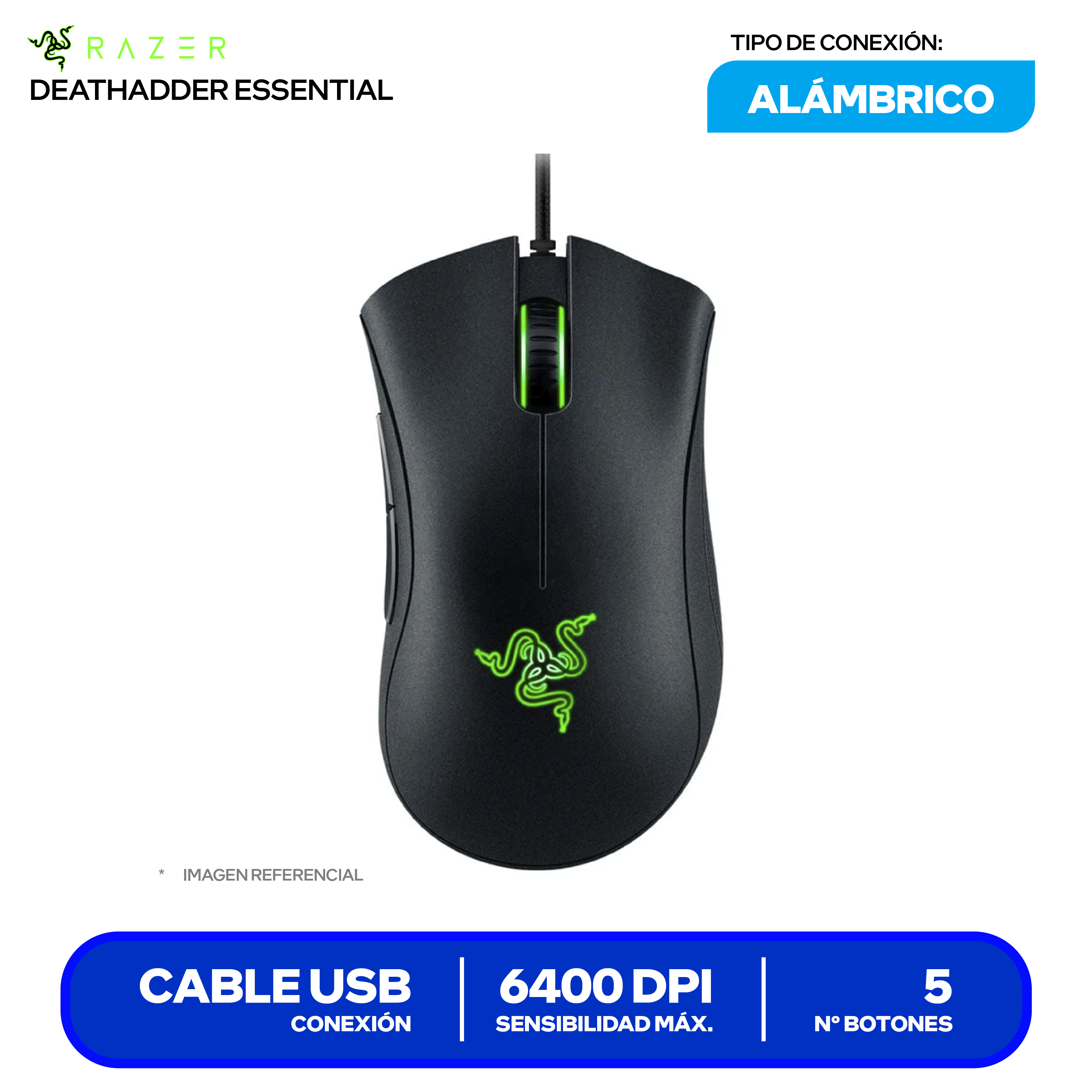 Mouse Gamer Ergonómico Razer DeathAdder Essential (RZ01-03850100-R3U1) Negro, 6400 DPI