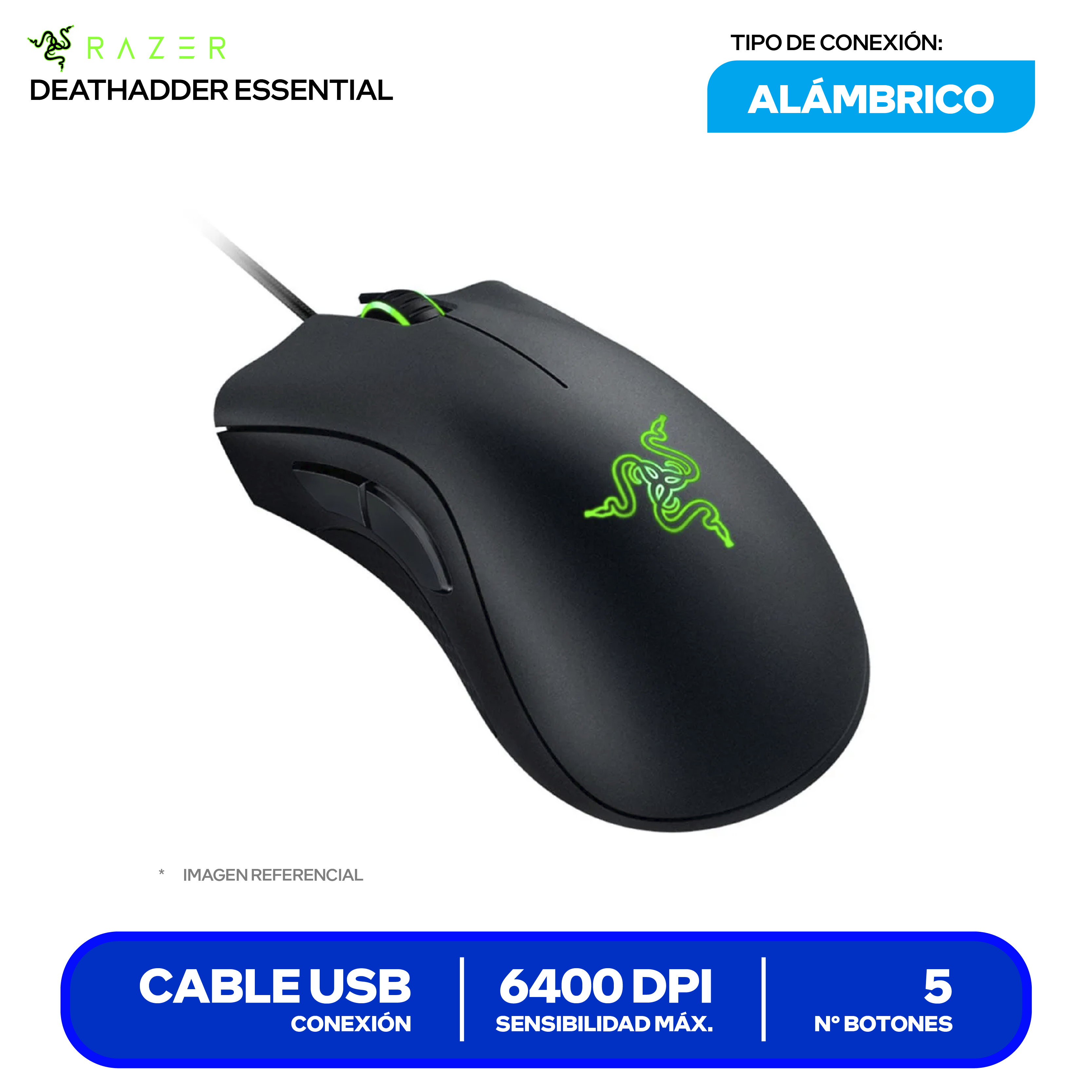 Mouse Gamer Ergonómico Razer DeathAdder Essential (RZ01-03850100-R3U1) Negro, 6400 DPI
