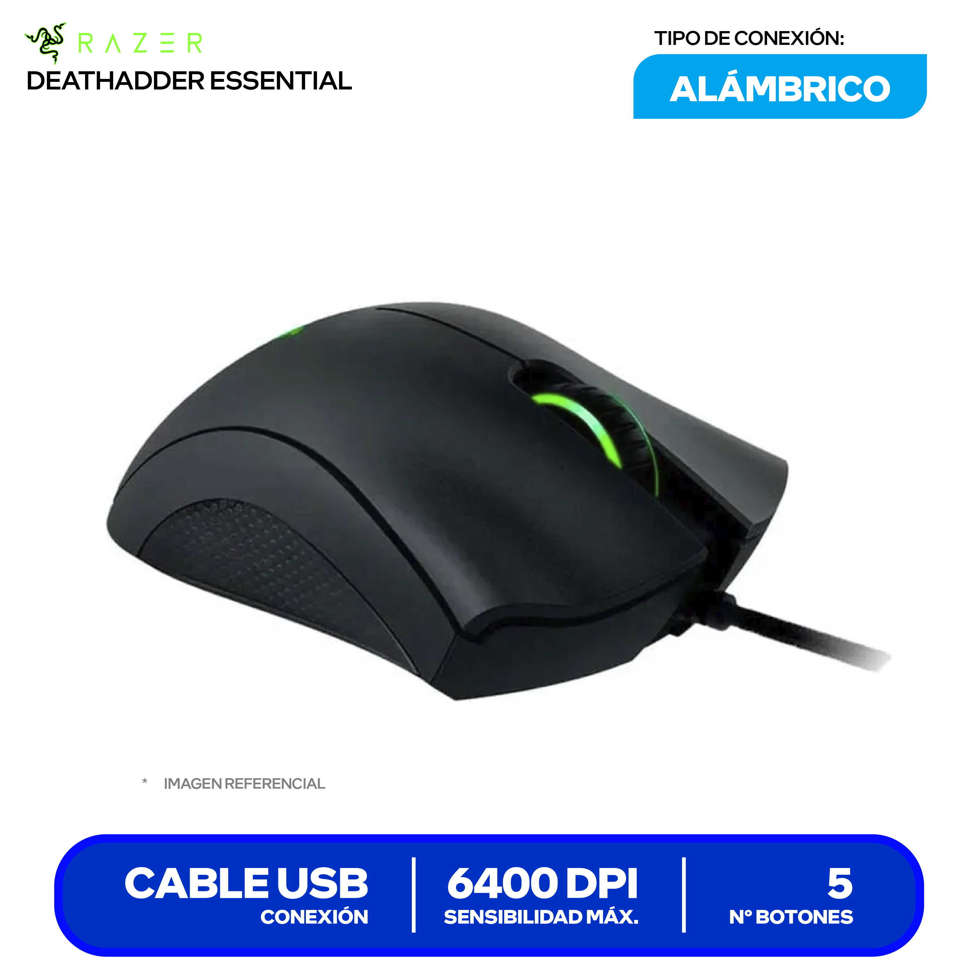 Mouse Gamer Ergonómico Razer DeathAdder Essential (RZ01-03850100-R3U1) Negro, 6400 DPI
