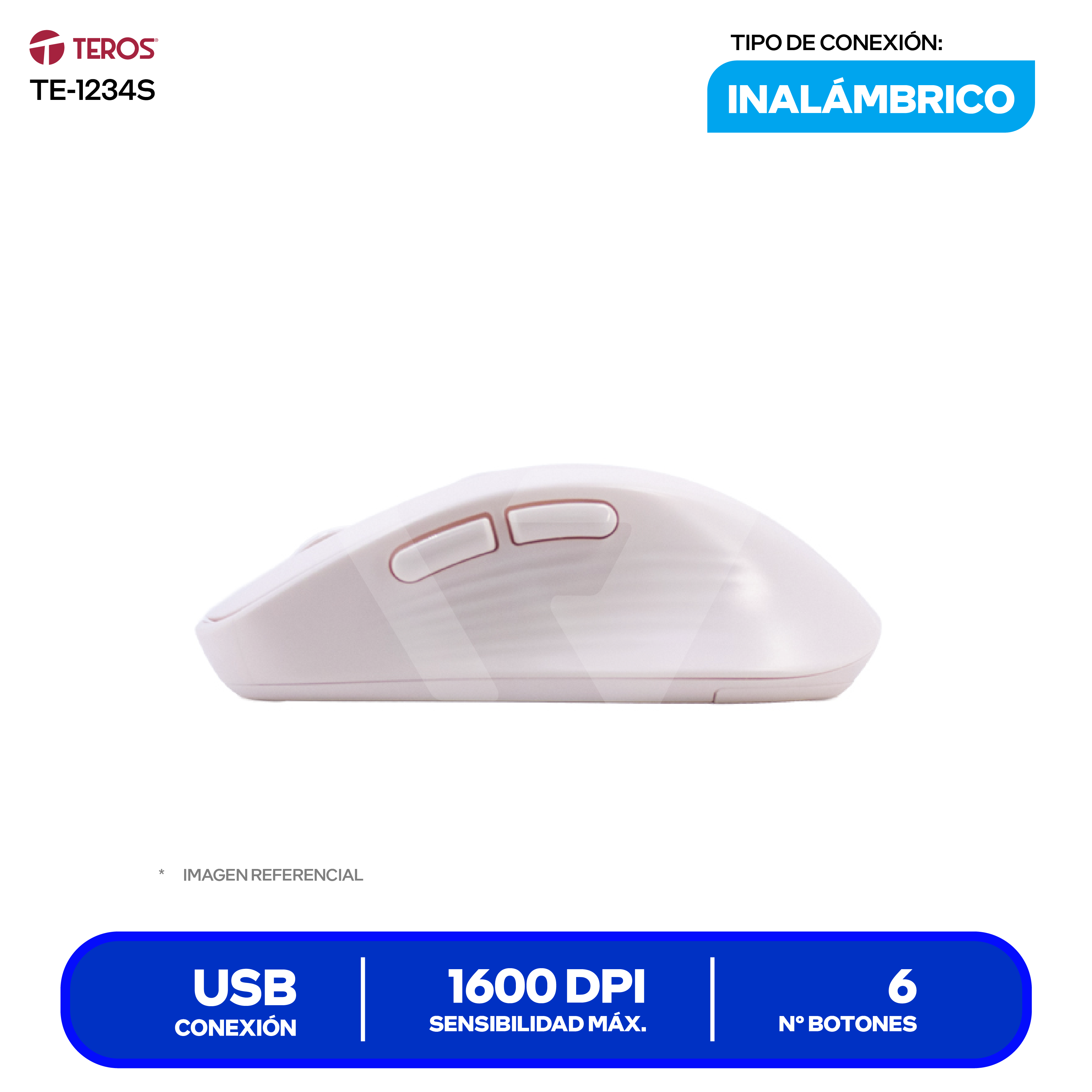 Mouse Óptico Inalámbrico Teros (TE-1234S) Rosado, 1600 DPI
