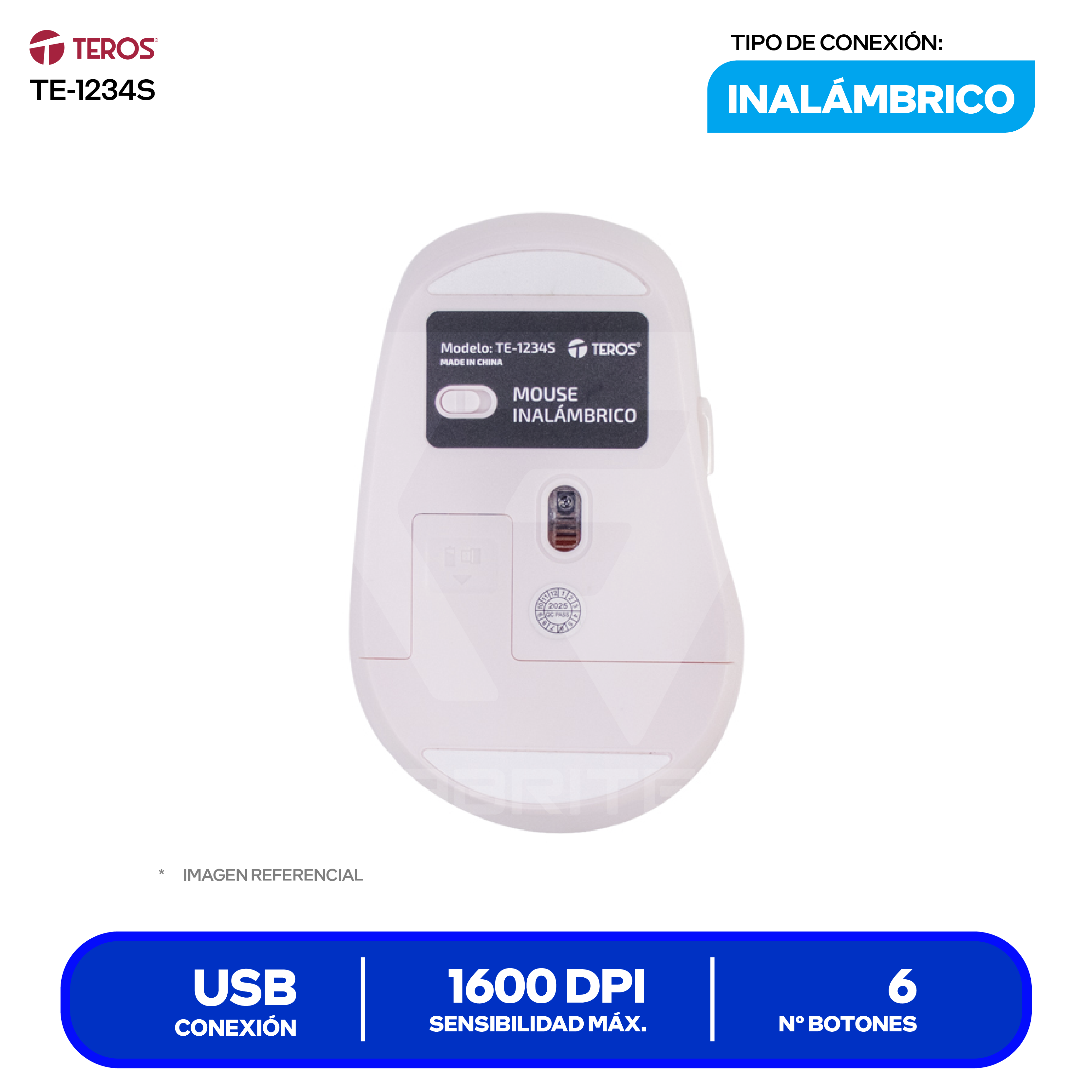 Mouse Óptico Inalámbrico Teros (TE-1234S) Rosado, 1600 DPI