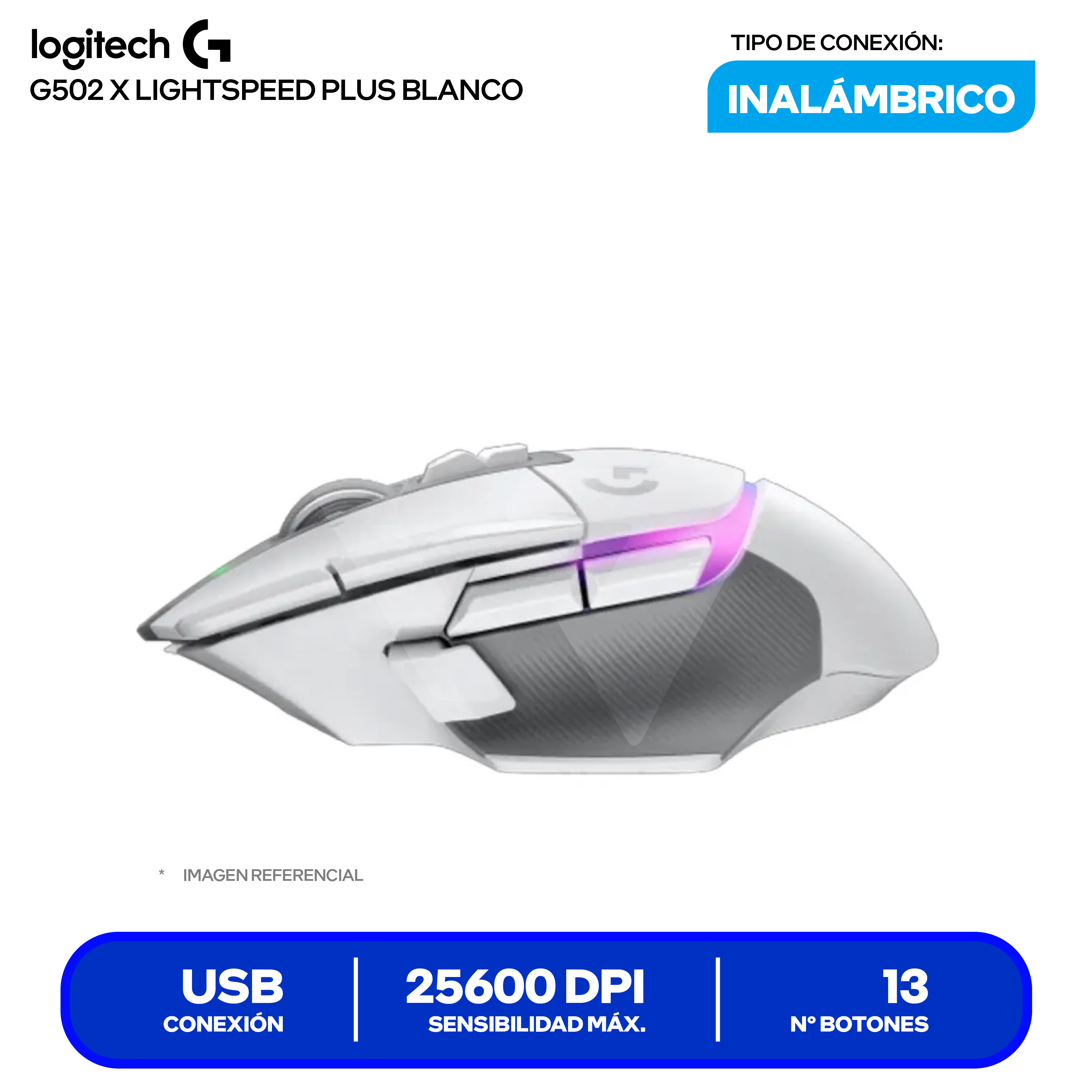 Mouse Gamer Inalámbrico Logitech G502 X PLUS (910-006170) Blanco, 25.600 DPI