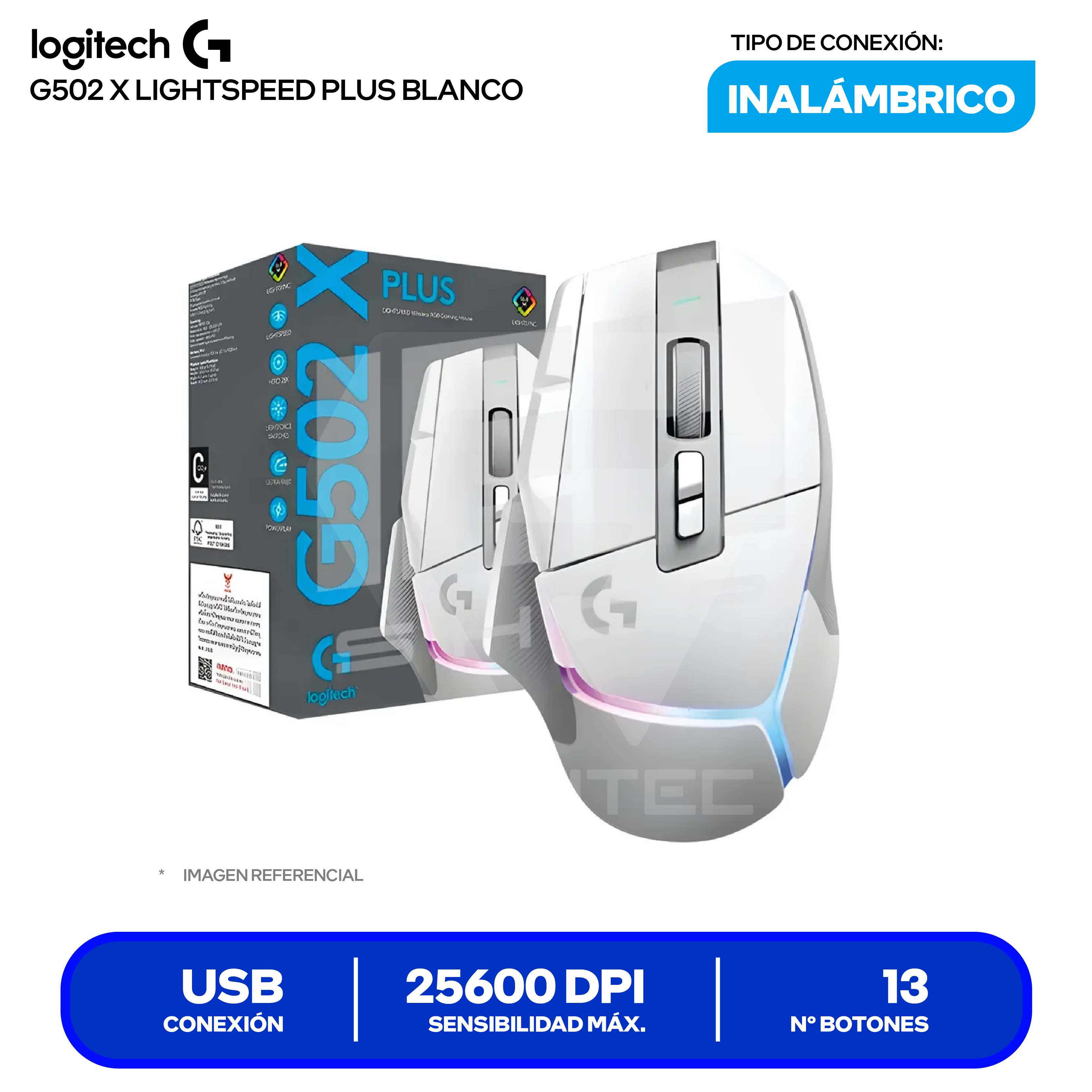 Mouse Gamer Inalámbrico Logitech G502 X PLUS (910-006170) Blanco, 25.600 DPI