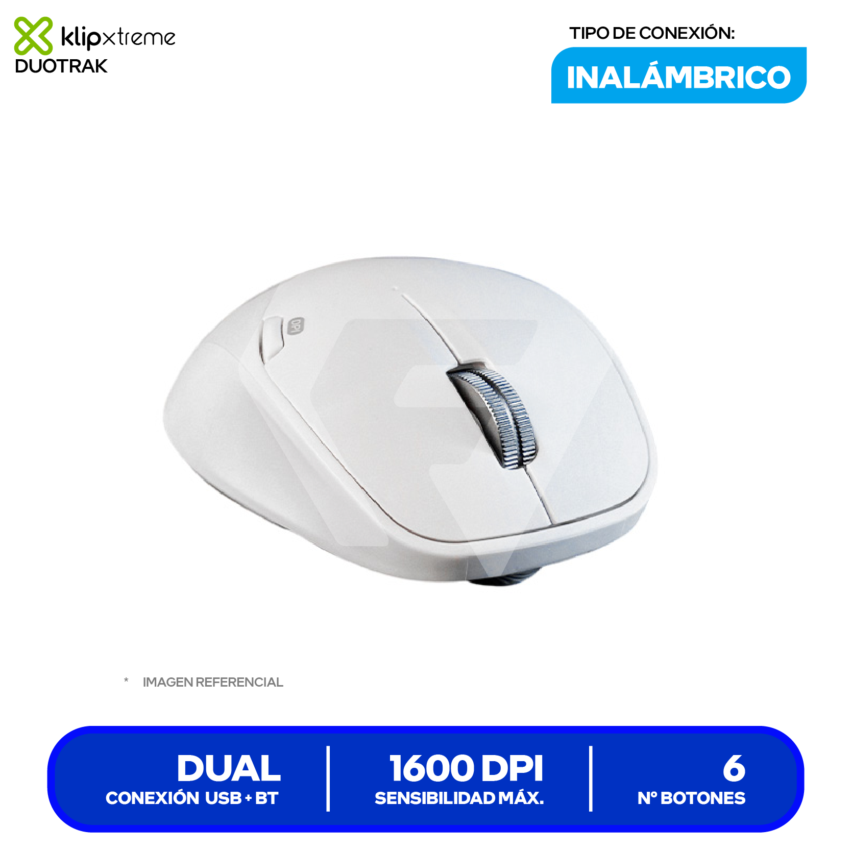 Mouse Inalámbrico Klip Xtreme Duotrak (KMB-501WH) Blanco, 1600 DPI