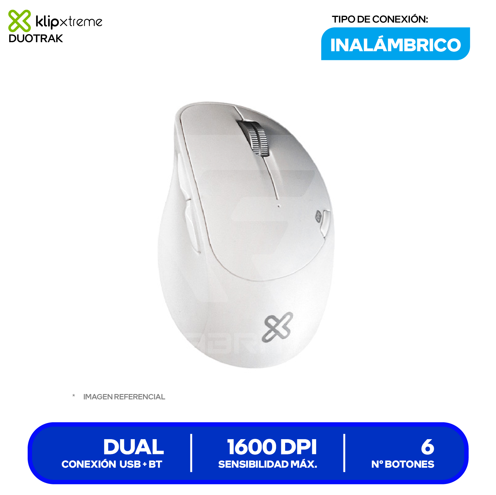 Mouse Inalámbrico Klip Xtreme Duotrak (KMB-501WH) Blanco, 1600 DPI