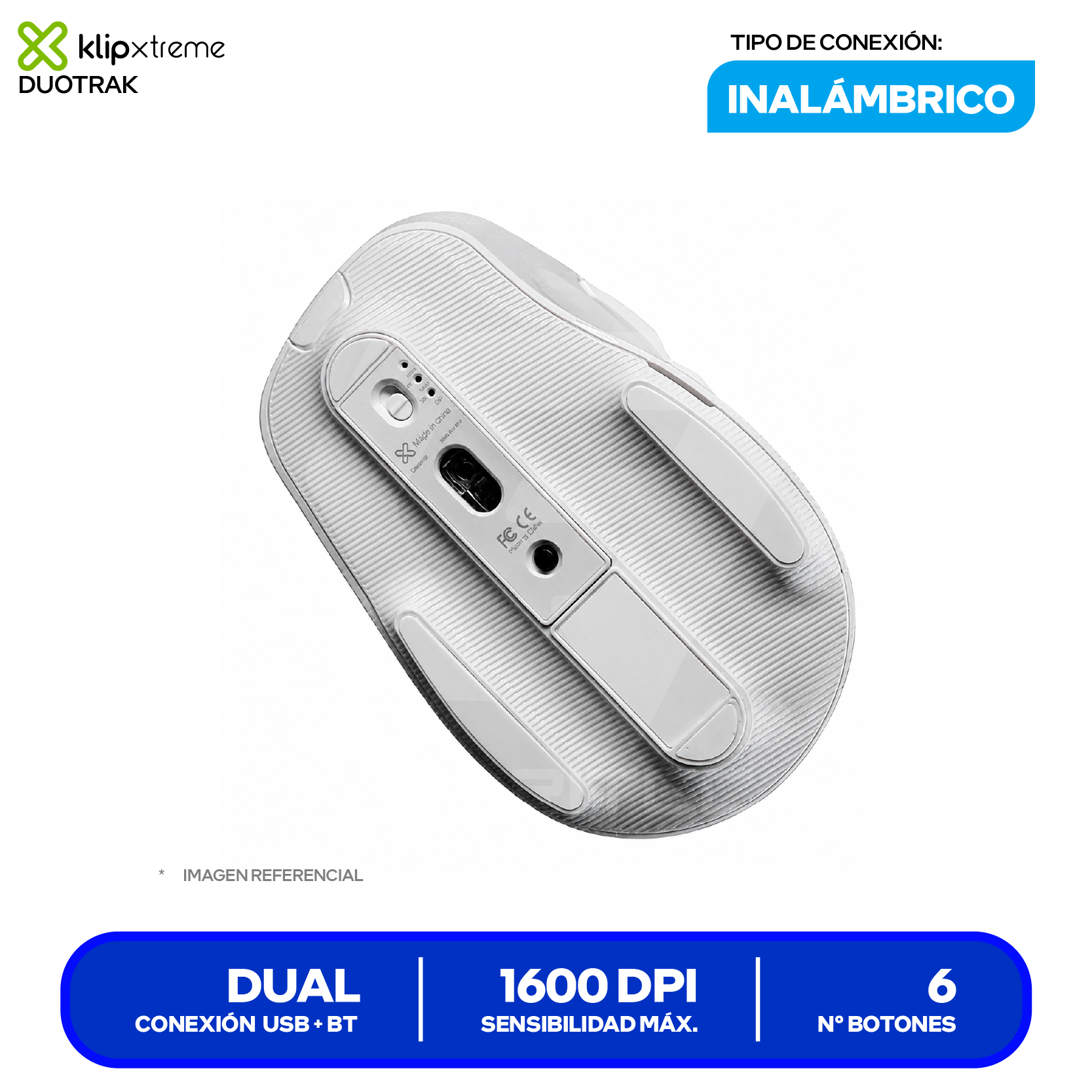Mouse Inalámbrico Klip Xtreme Duotrak (KMB-501WH) Blanco, 1600 DPI