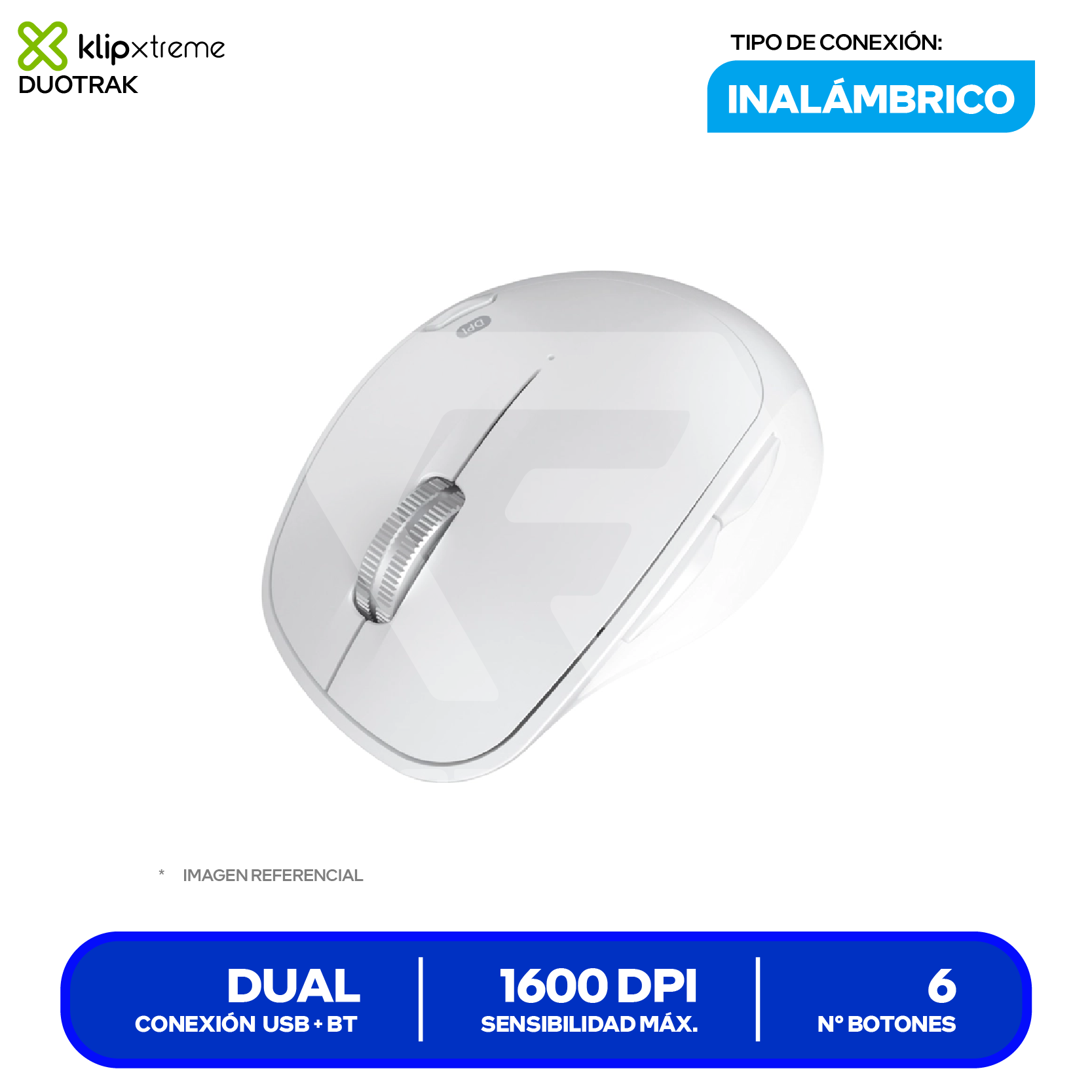 Mouse Inalámbrico Klip Xtreme Duotrak (KMB-501WH) Blanco, 1600 DPI