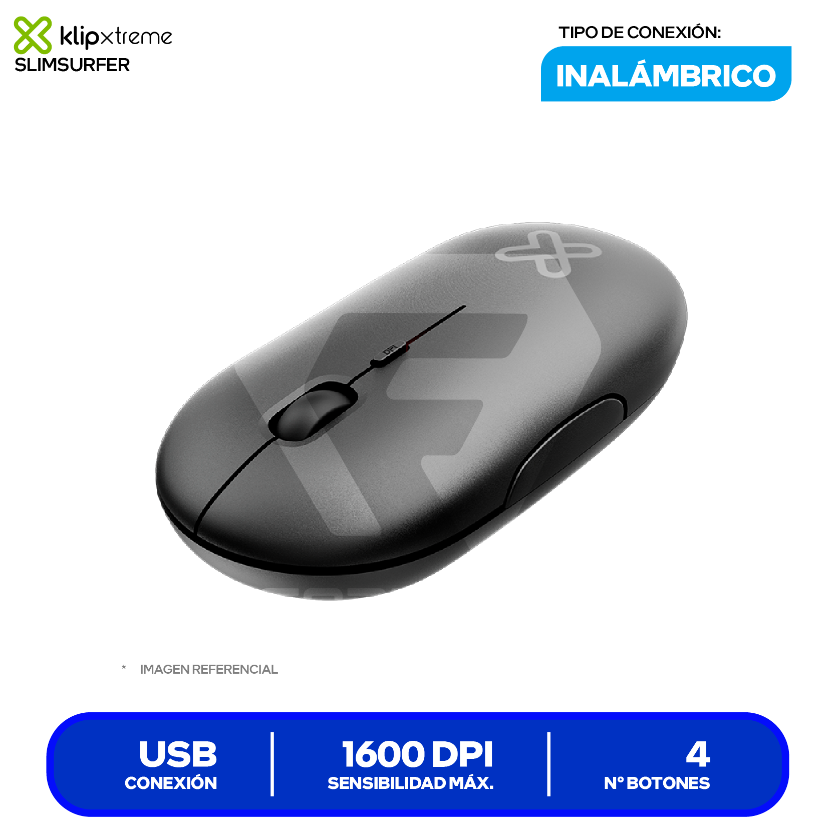 Mouse Inalámbrico Klip Xtreme SlimSurfer (KMW-415BK) Negro, 1600 DPI