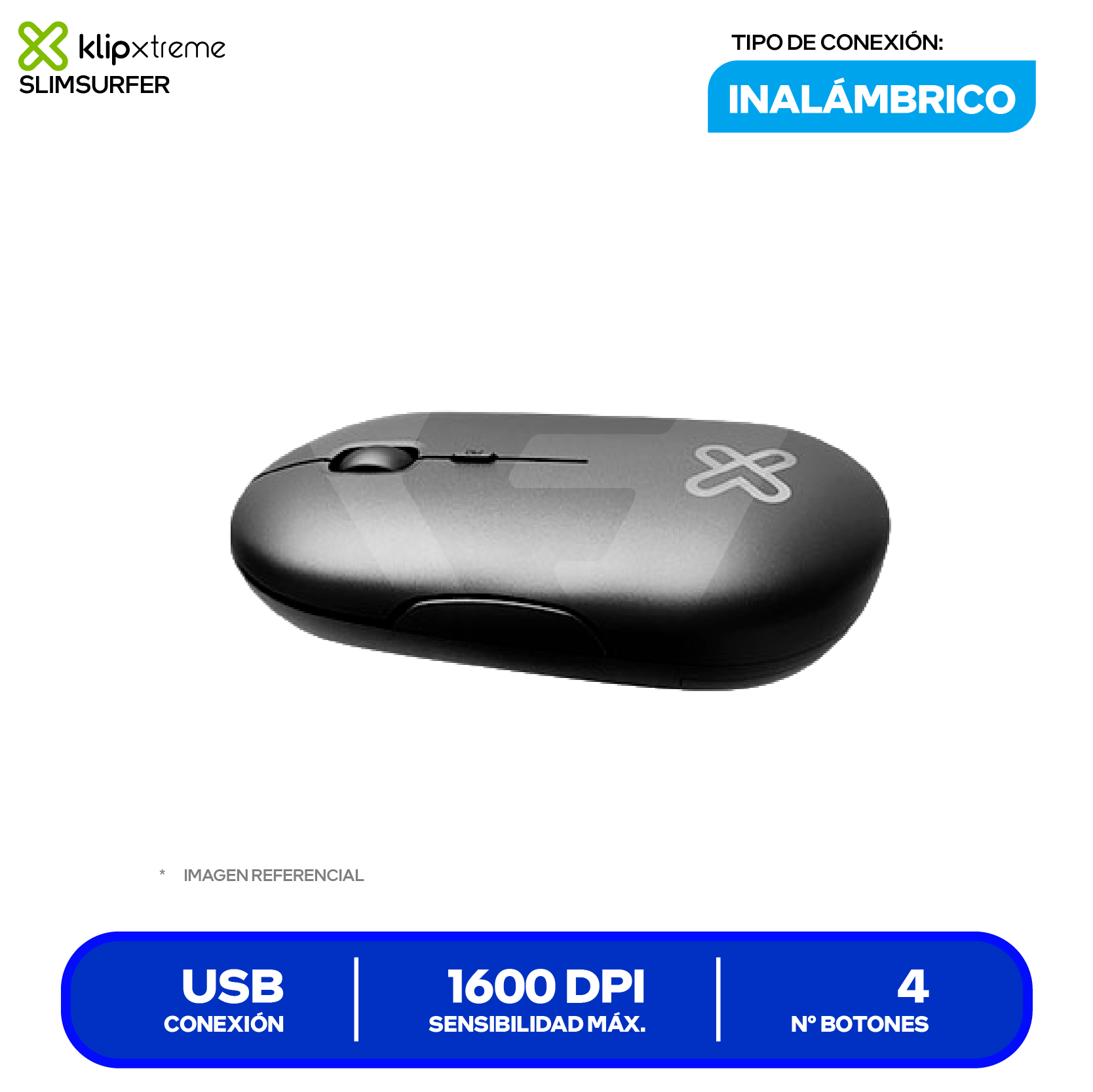 Mouse Inalámbrico Klip Xtreme SlimSurfer (KMW-415BK) Negro, 1600 DPI