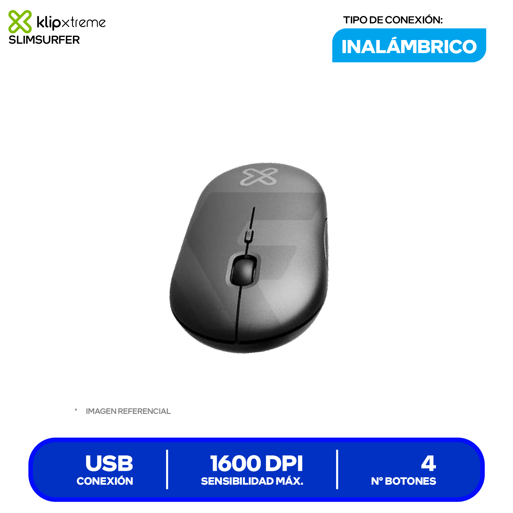 Mouse Inalámbrico Klip Xtreme SlimSurfer (KMW-415BK) Negro, 1600 DPI
