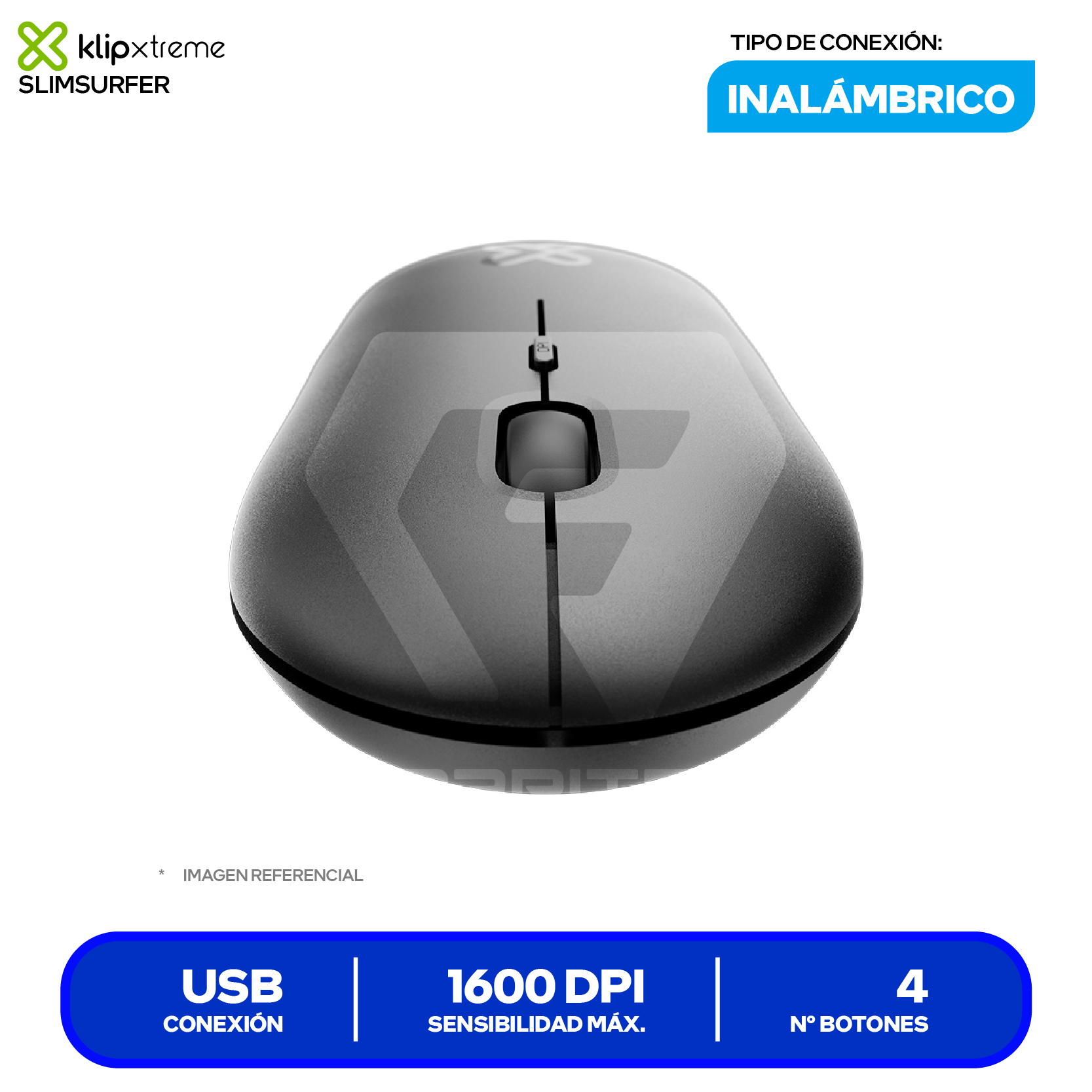 Mouse Inalámbrico Klip Xtreme SlimSurfer (KMW-415BK) Negro, 1600 DPI