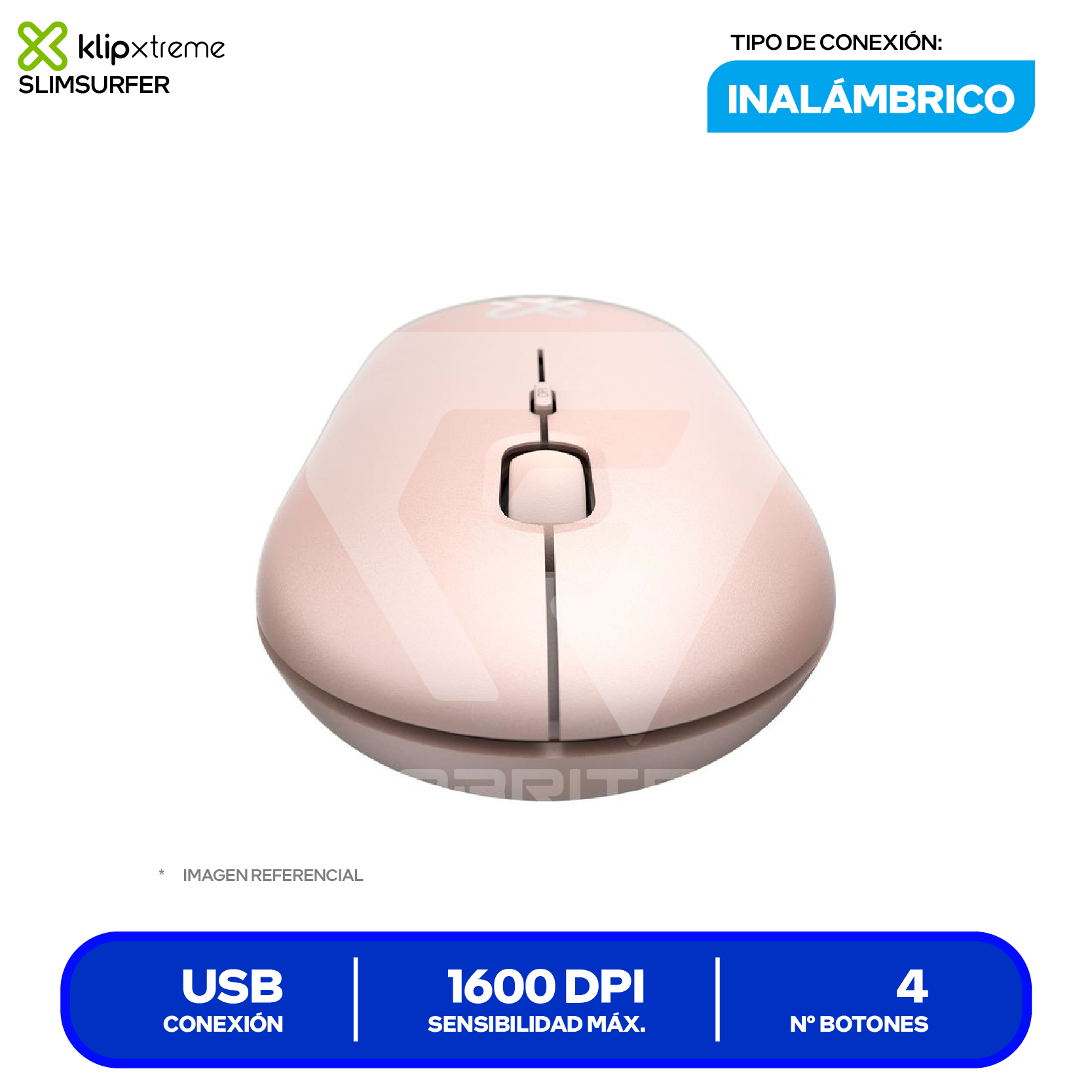 Mouse Inalámbrico Klip Xtreme SlimSurfer (KMW-415PK) Rosa, 1600 DPI