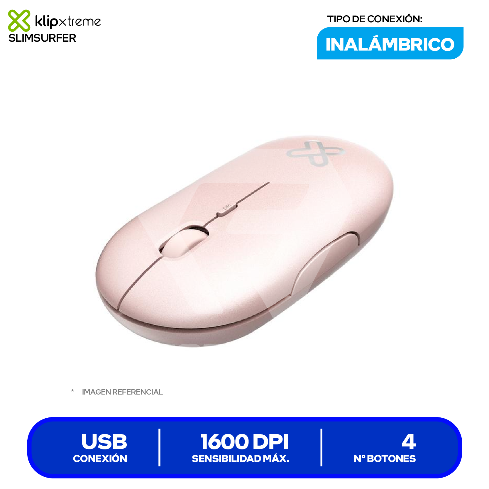 Mouse Inalámbrico Klip Xtreme SlimSurfer (KMW-415PK) Rosa, 1600 DPI
