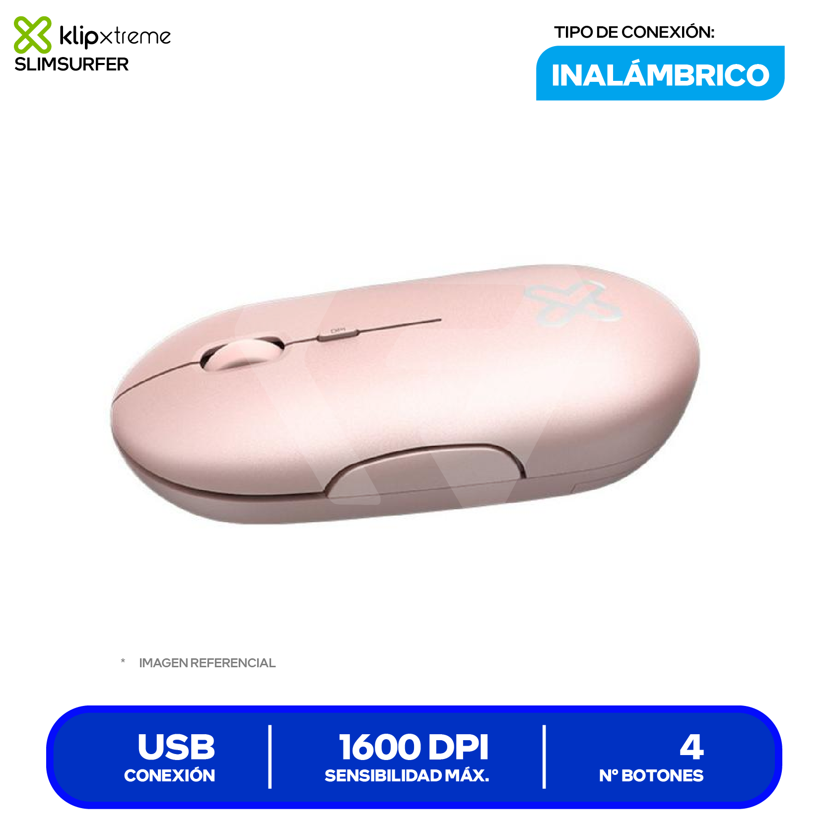 Mouse Inalámbrico Klip Xtreme SlimSurfer (KMW-415PK) Rosa, 1600 DPI