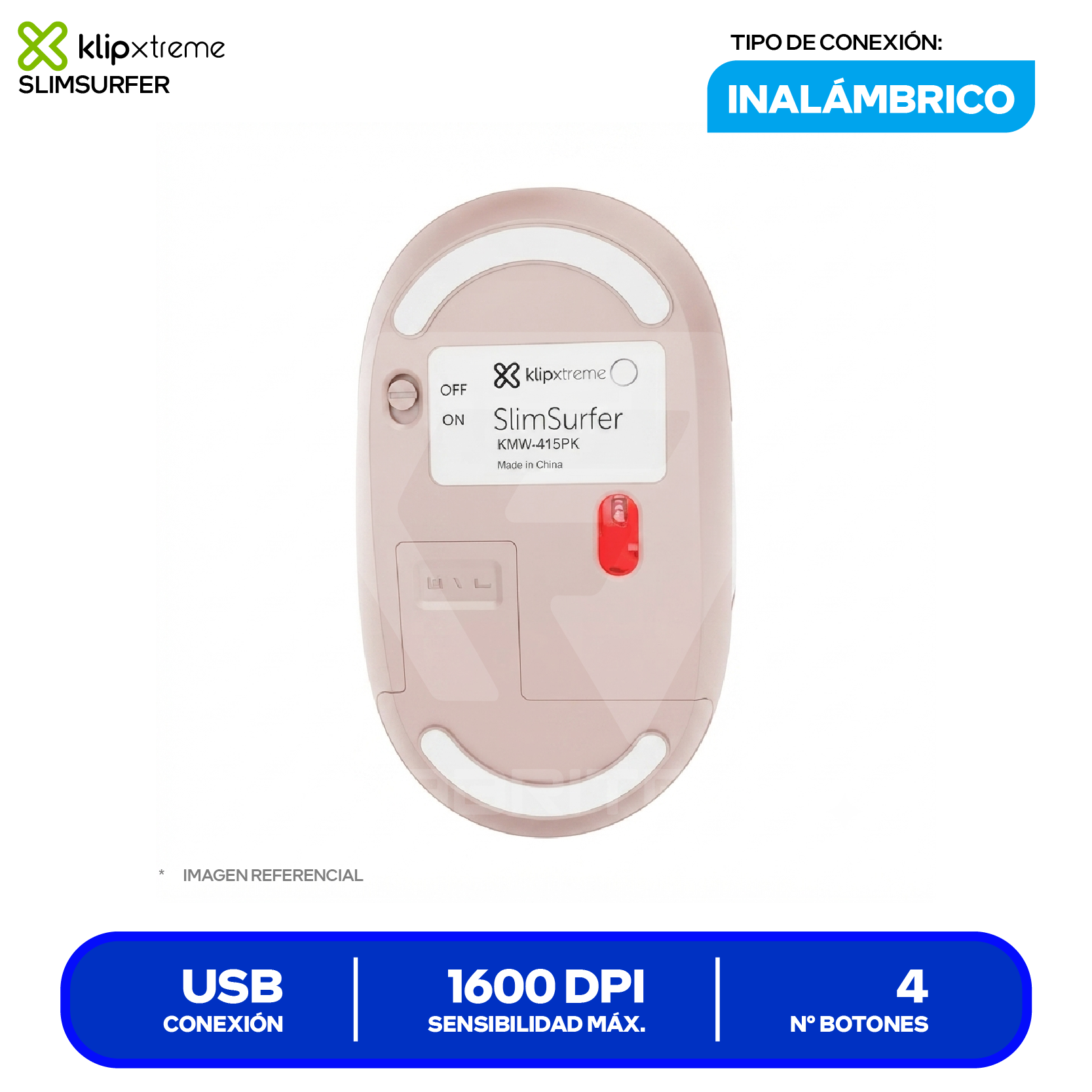 Mouse Inalámbrico Klip Xtreme SlimSurfer (KMW-415PK) Rosa, 1600 DPI