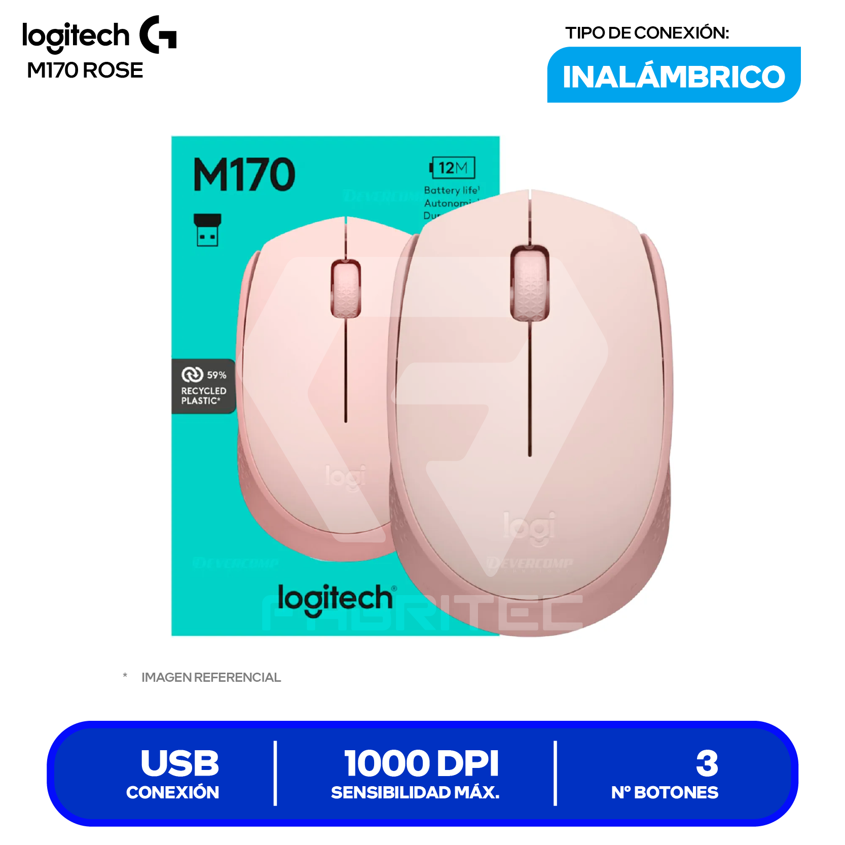 Mouse Inalámbrico Logitech M170 (910-006862) Rose, 1000 DPI