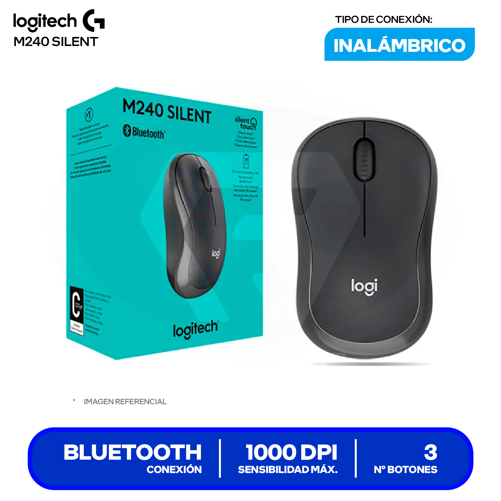 Mouse Bluetooth Logitech M240 Silent (910-007113) Negro, 1000 DPI