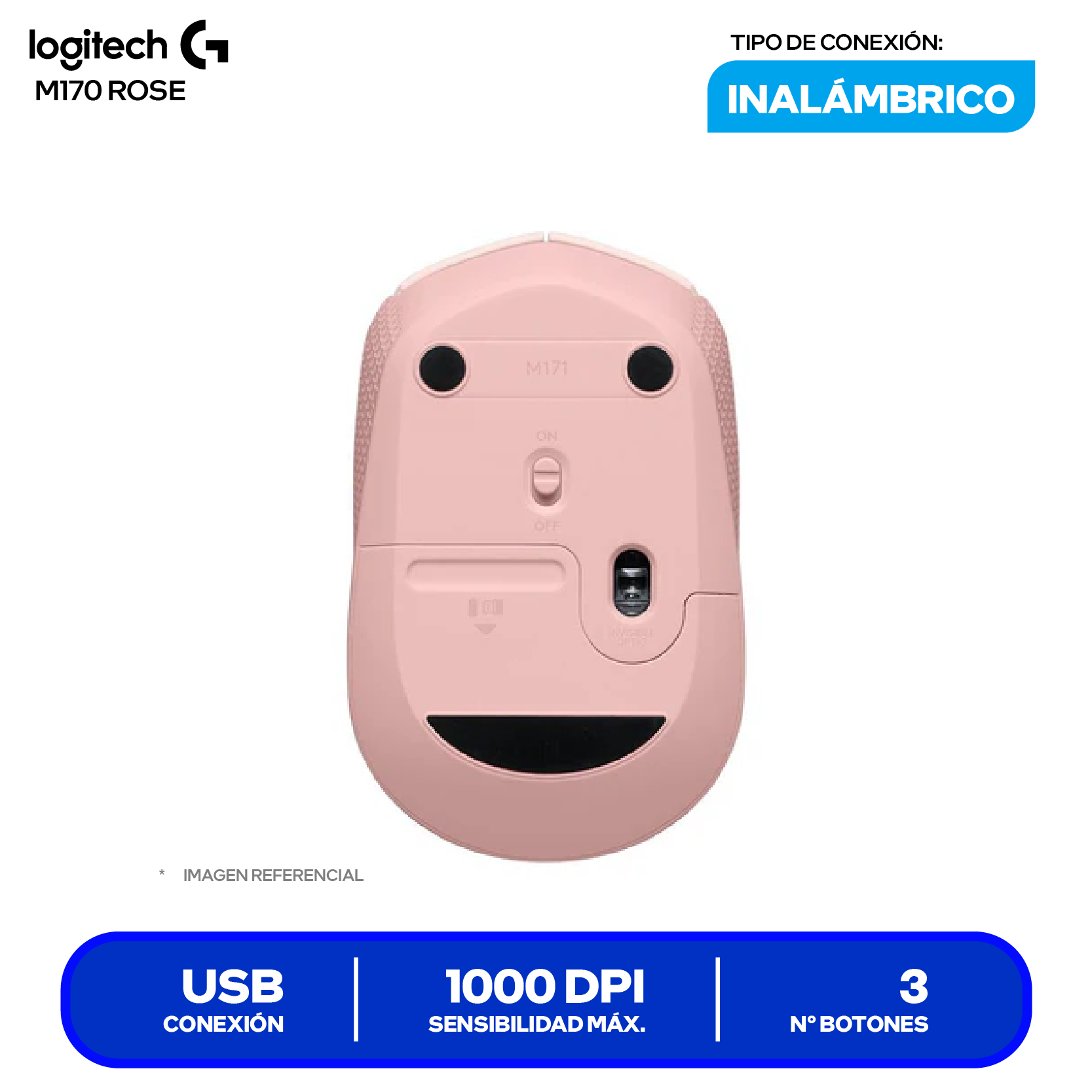 Mouse Inalámbrico Logitech M170 (910-006862) Rose, 1000 DPI