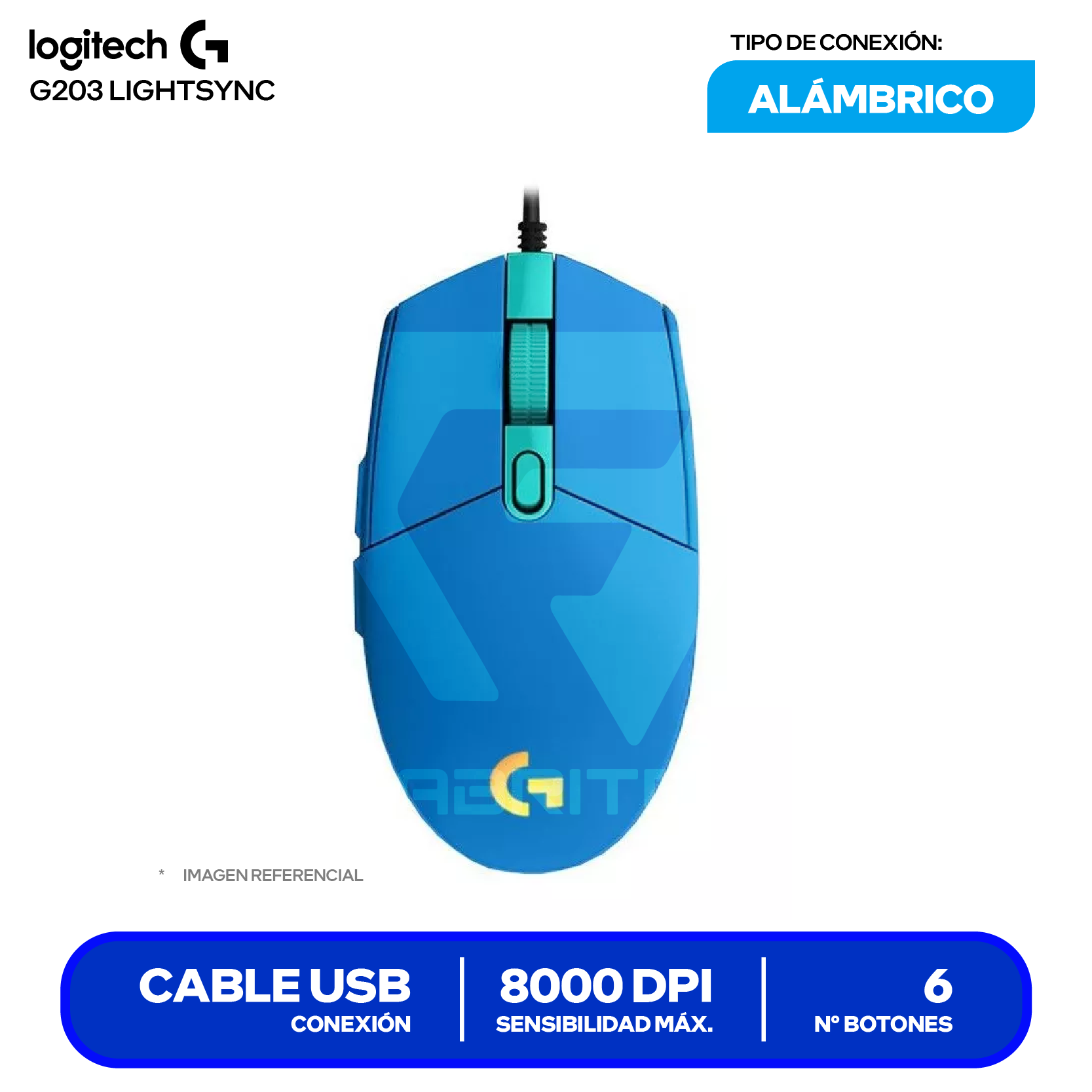 Mouse Gamer Logitech G203 Lightsync (910-005792) Azul,  8000 DPI