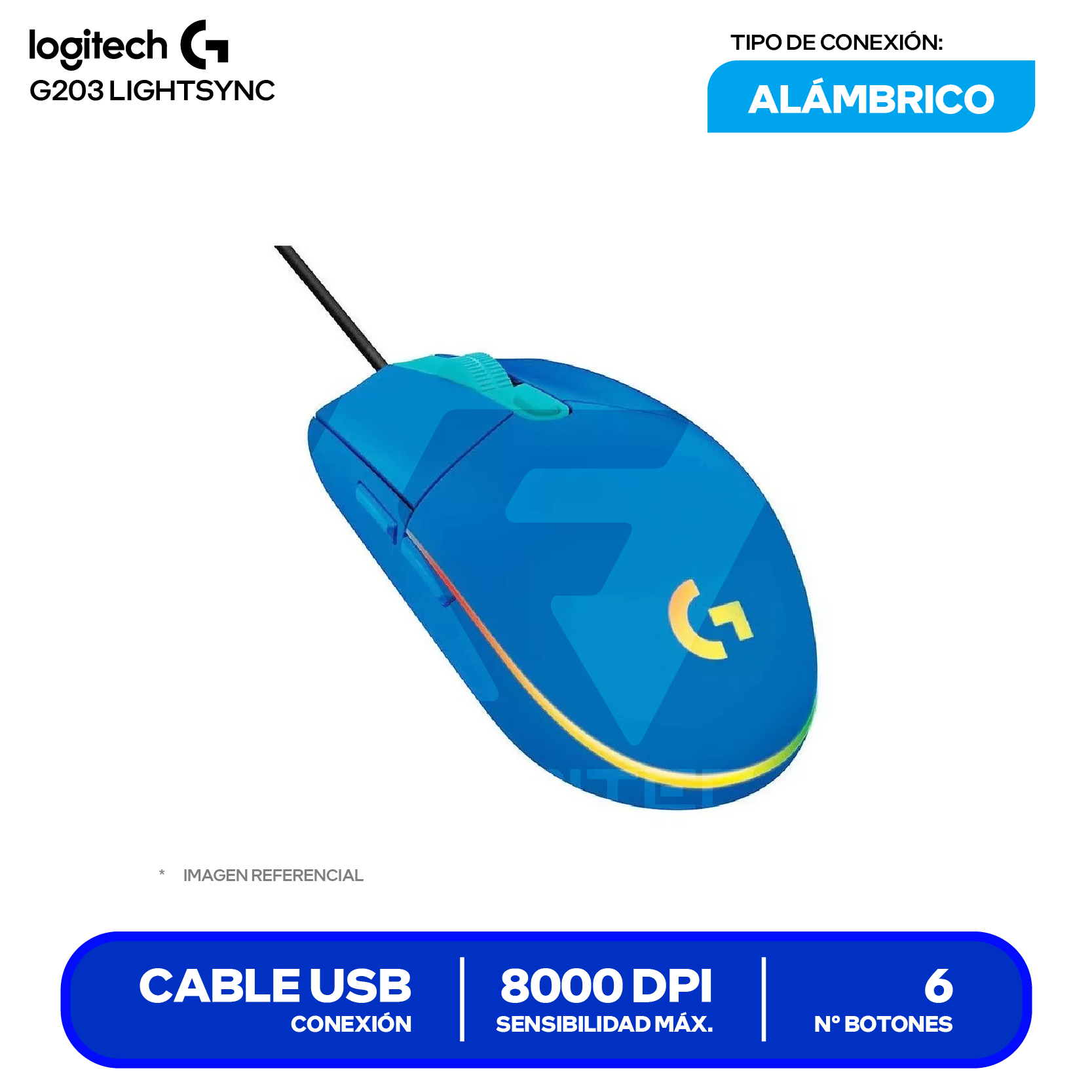 Mouse Gamer Logitech G203 Lightsync (910-005792) Azul,  8000 DPI
