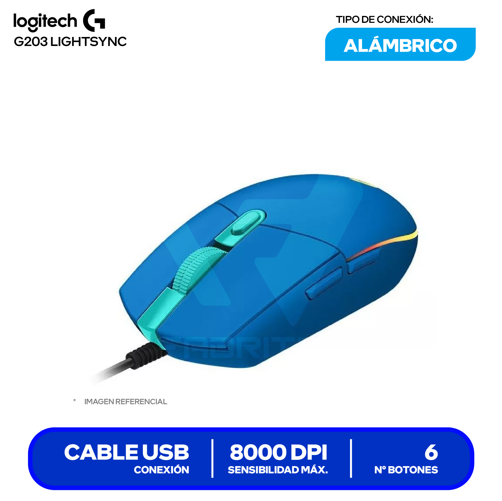 Mouse Gamer Logitech G203 Lightsync (910-005792) Azul,  8000 DPI