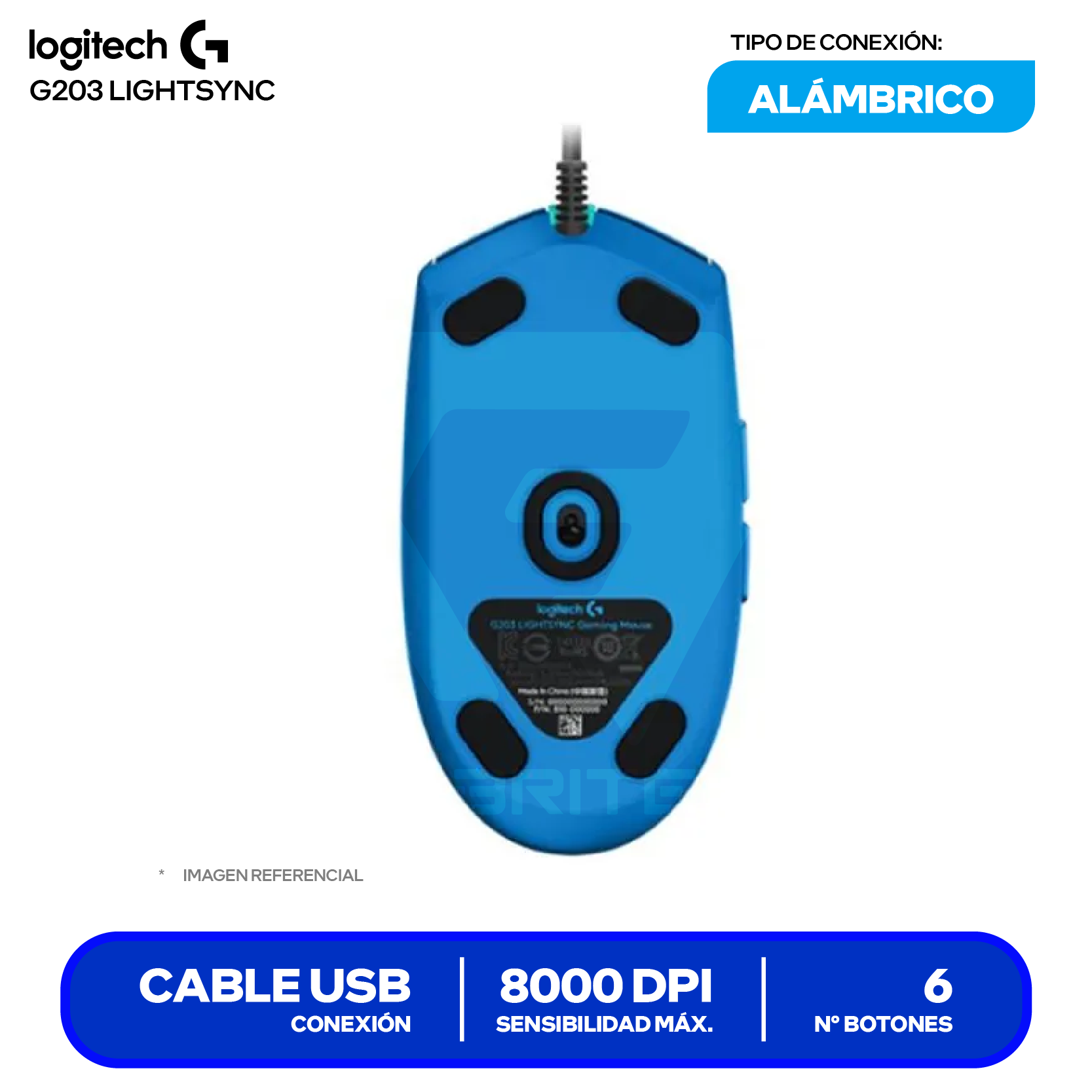 Mouse Gamer Logitech G203 Lightsync (910-005792) Azul,  8000 DPI