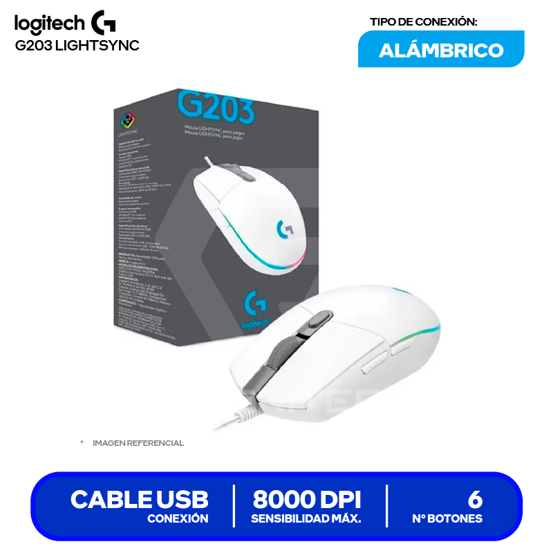 Mouse Alámbrico Logitech G203 Lightsync (910-005791) Blanco, 8000 DPI