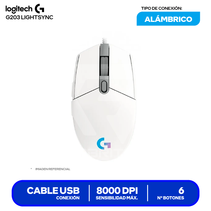 Mouse Alámbrico Logitech G203 Lightsync (910-005791) Blanco, 8000 DPI
