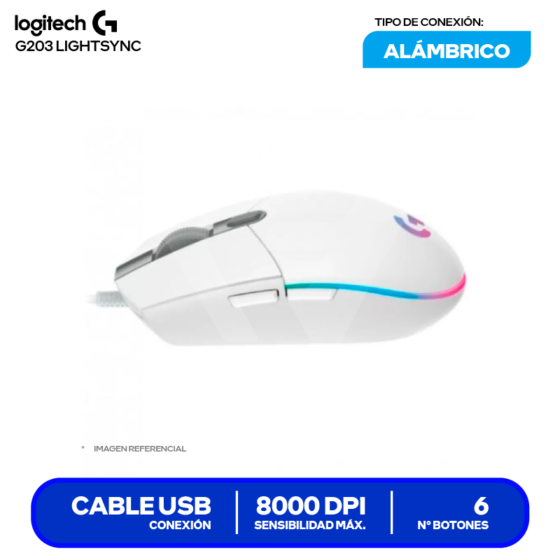 Mouse Alámbrico Logitech G203 Lightsync (910-005791) Blanco, 8000 DPI