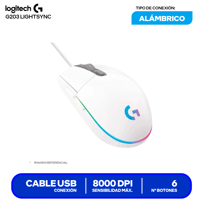 Mouse Alámbrico Logitech G203 Lightsync (910-005791) Blanco, 8000 DPI