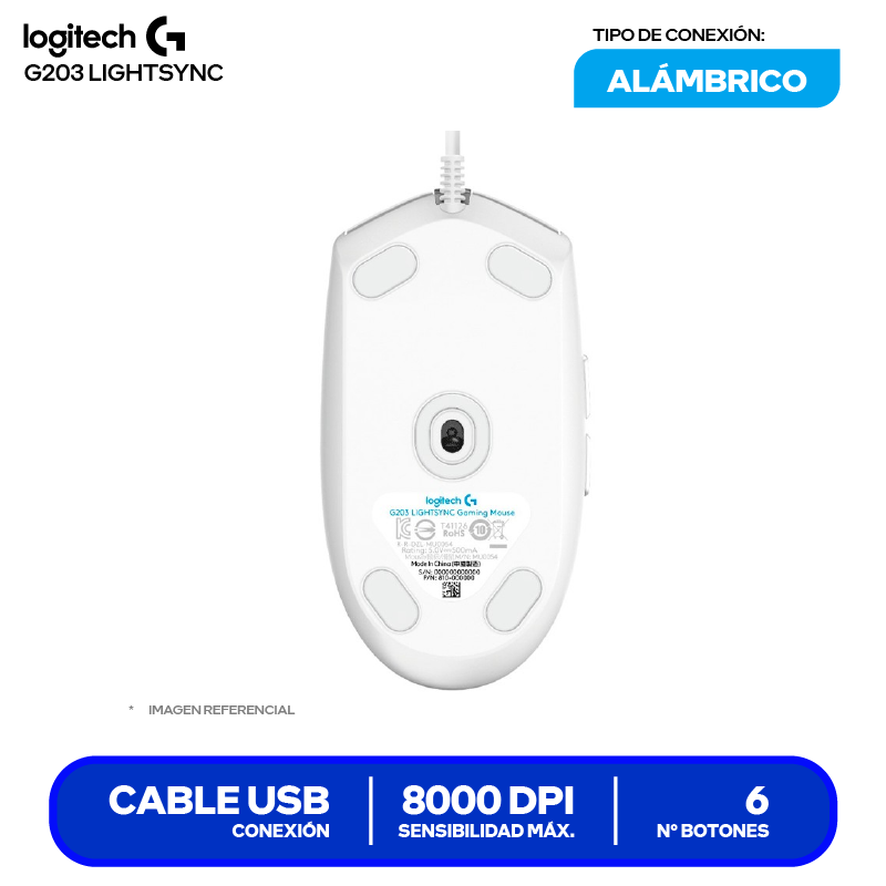 Mouse Alámbrico Logitech G203 Lightsync (910-005791) Blanco, 8000 DPI