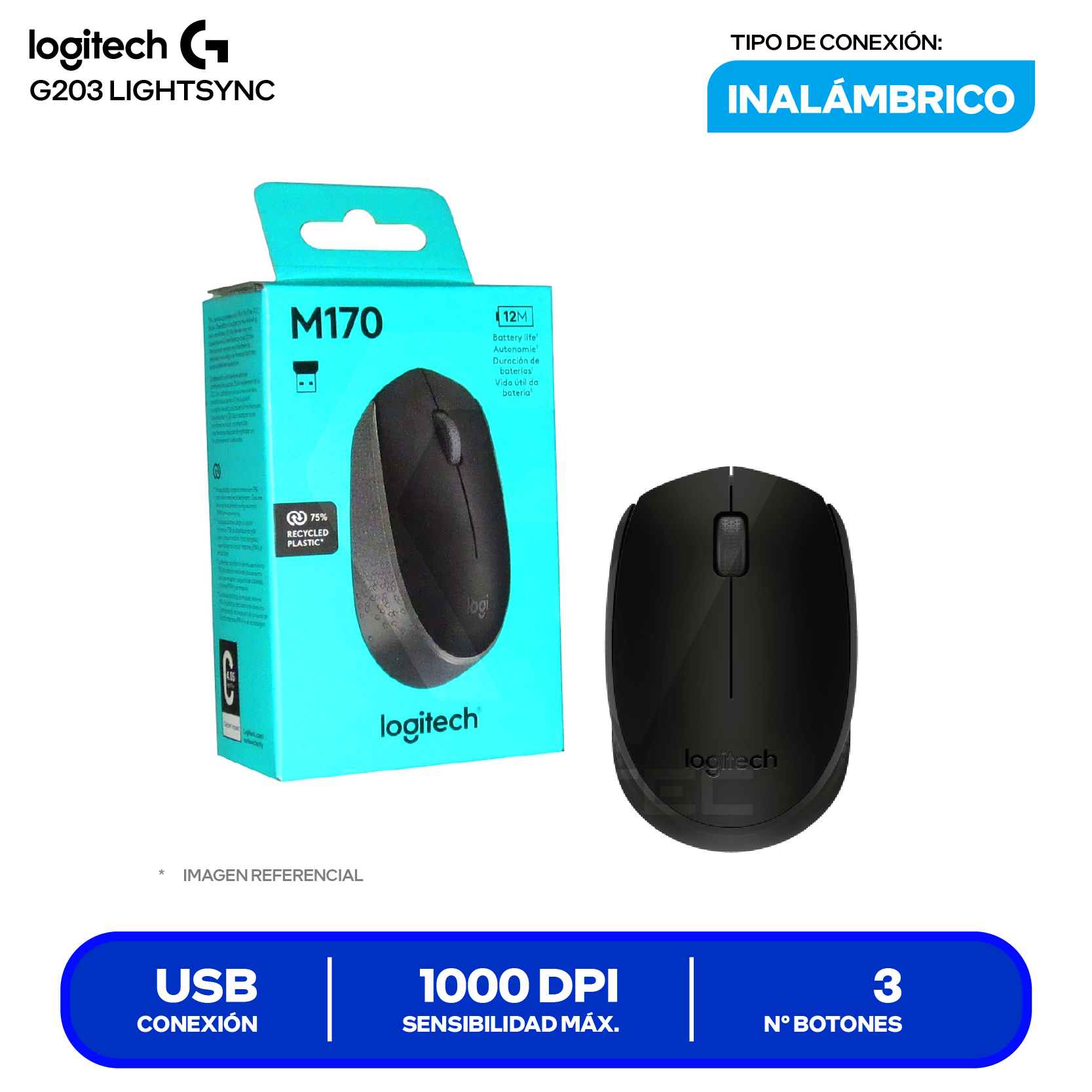 Mouse Inalámbrico Logitech M170 (910-004940) Negro, 1000 DPI