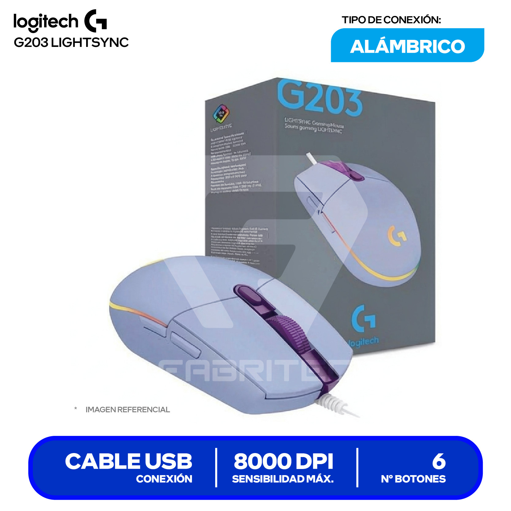 Mouse Alámbrico Logitech G203 Lightsync (910-005851) Lila, 8000 DPI