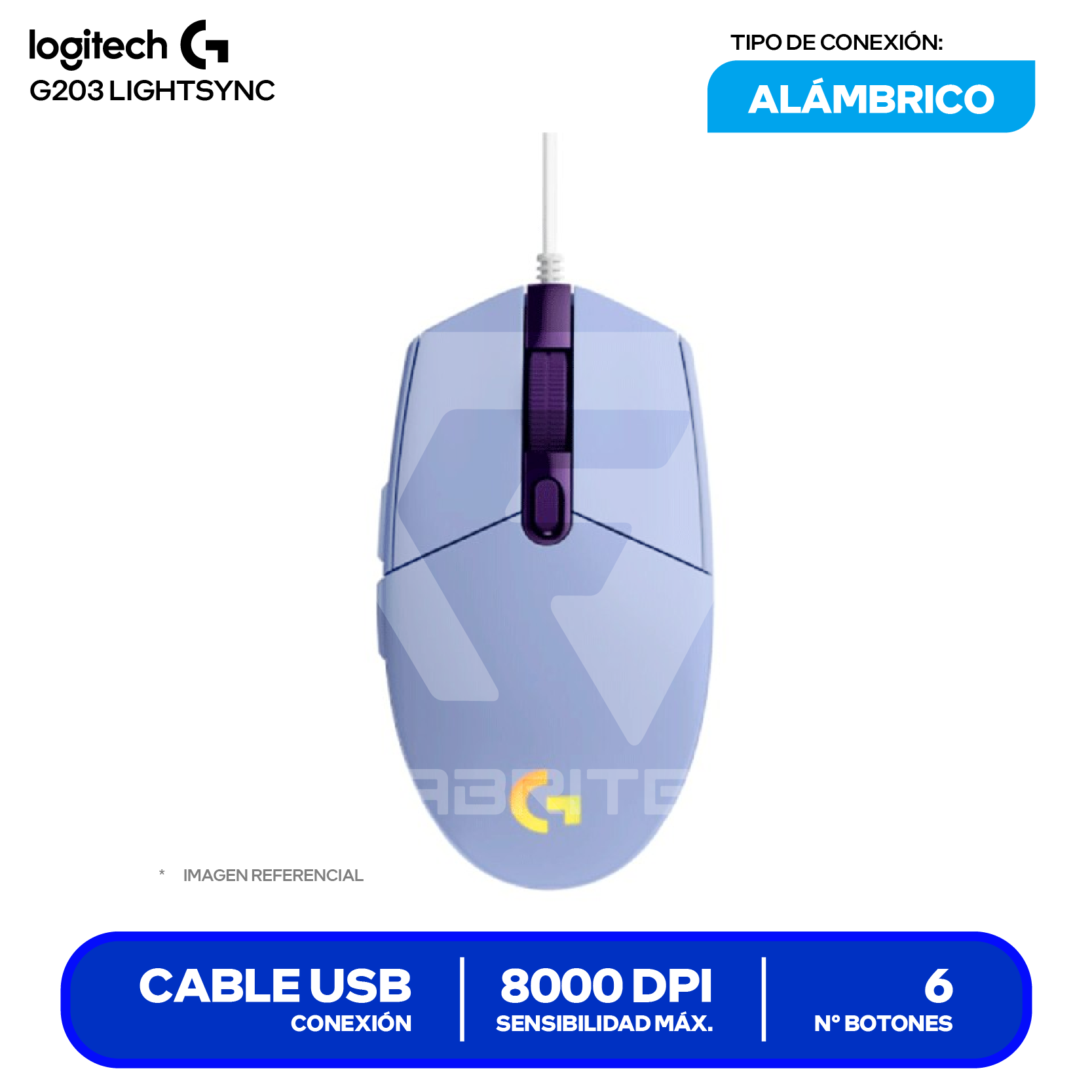 Mouse Alámbrico Logitech G203 Lightsync (910-005851) Lila, 8000 DPI