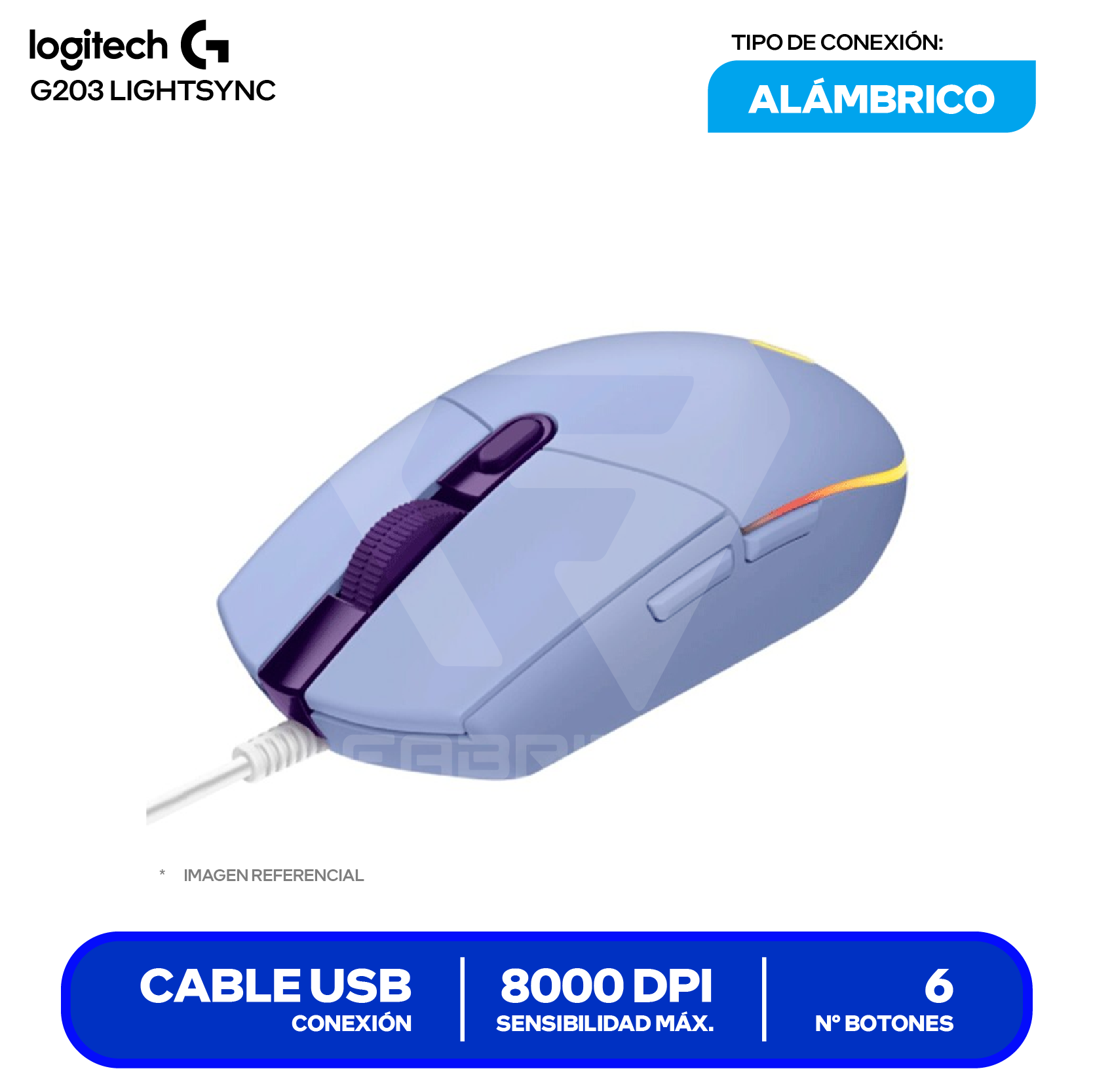 Mouse Alámbrico Logitech G203 Lightsync (910-005851) Lila, 8000 DPI