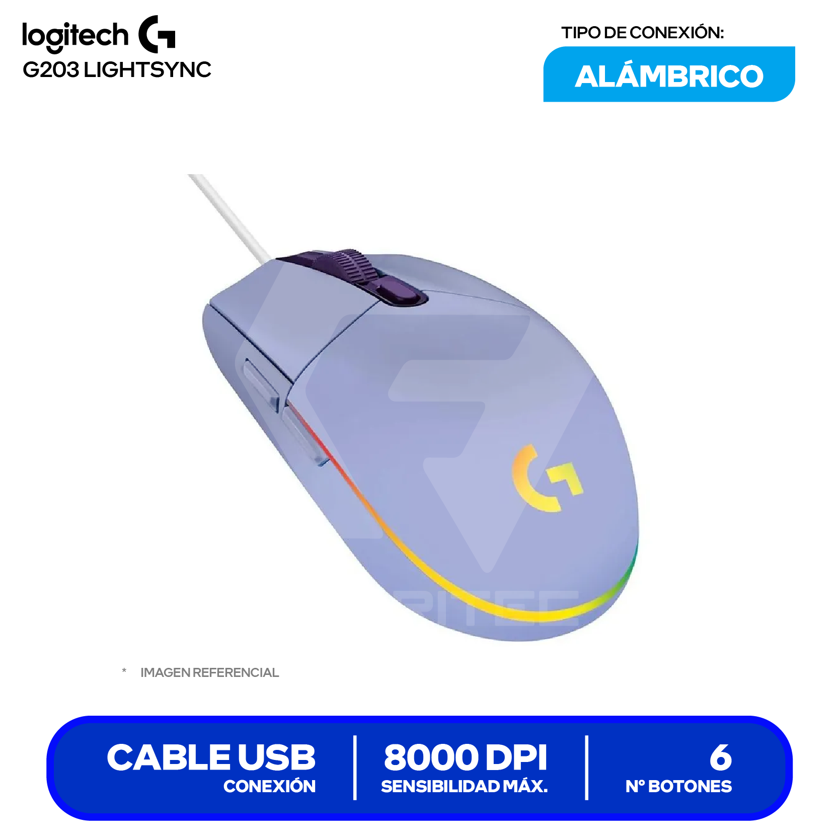 Mouse Alámbrico Logitech G203 Lightsync (910-005851) Lila, 8000 DPI