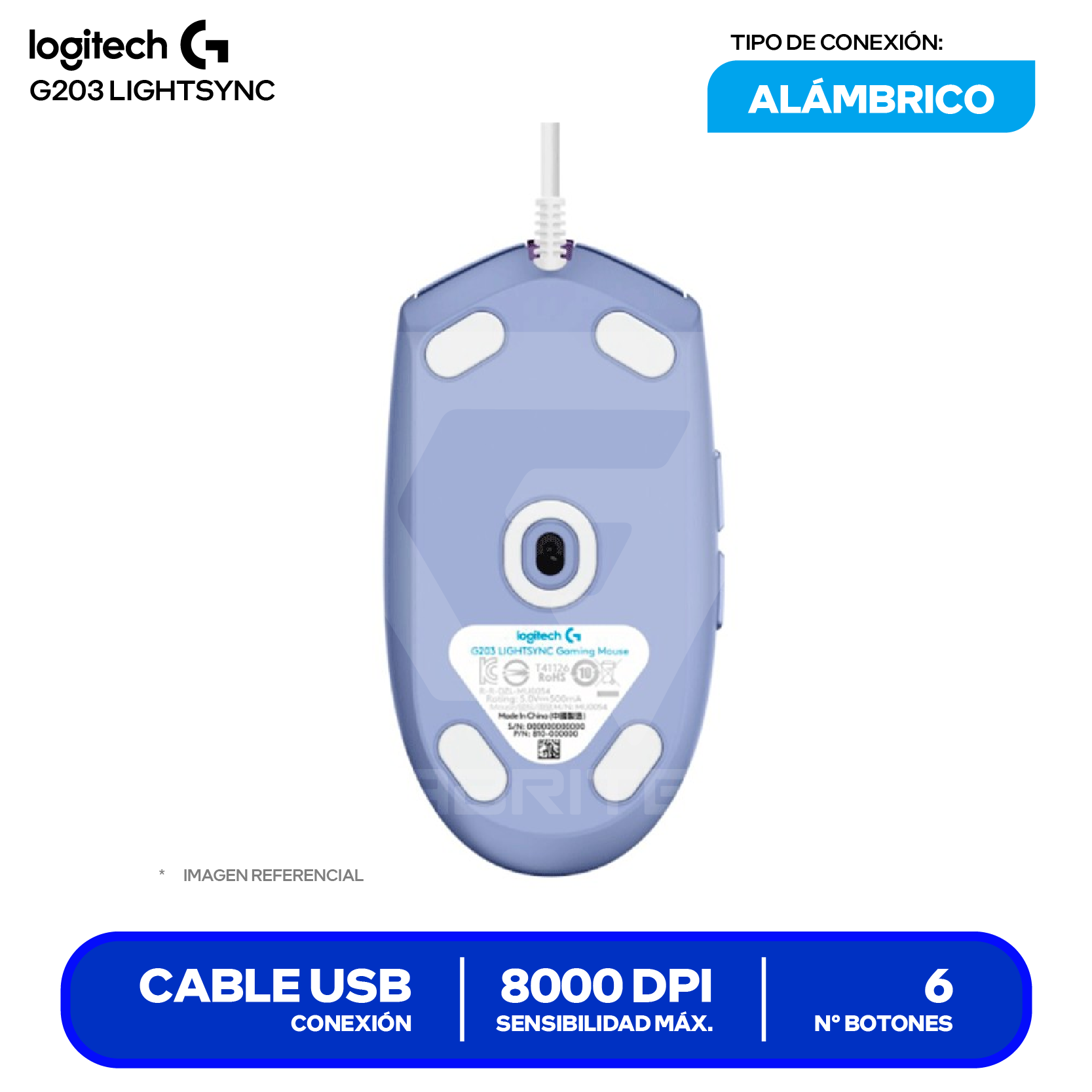 Mouse Alámbrico Logitech G203 Lightsync (910-005851) Lila, 8000 DPI