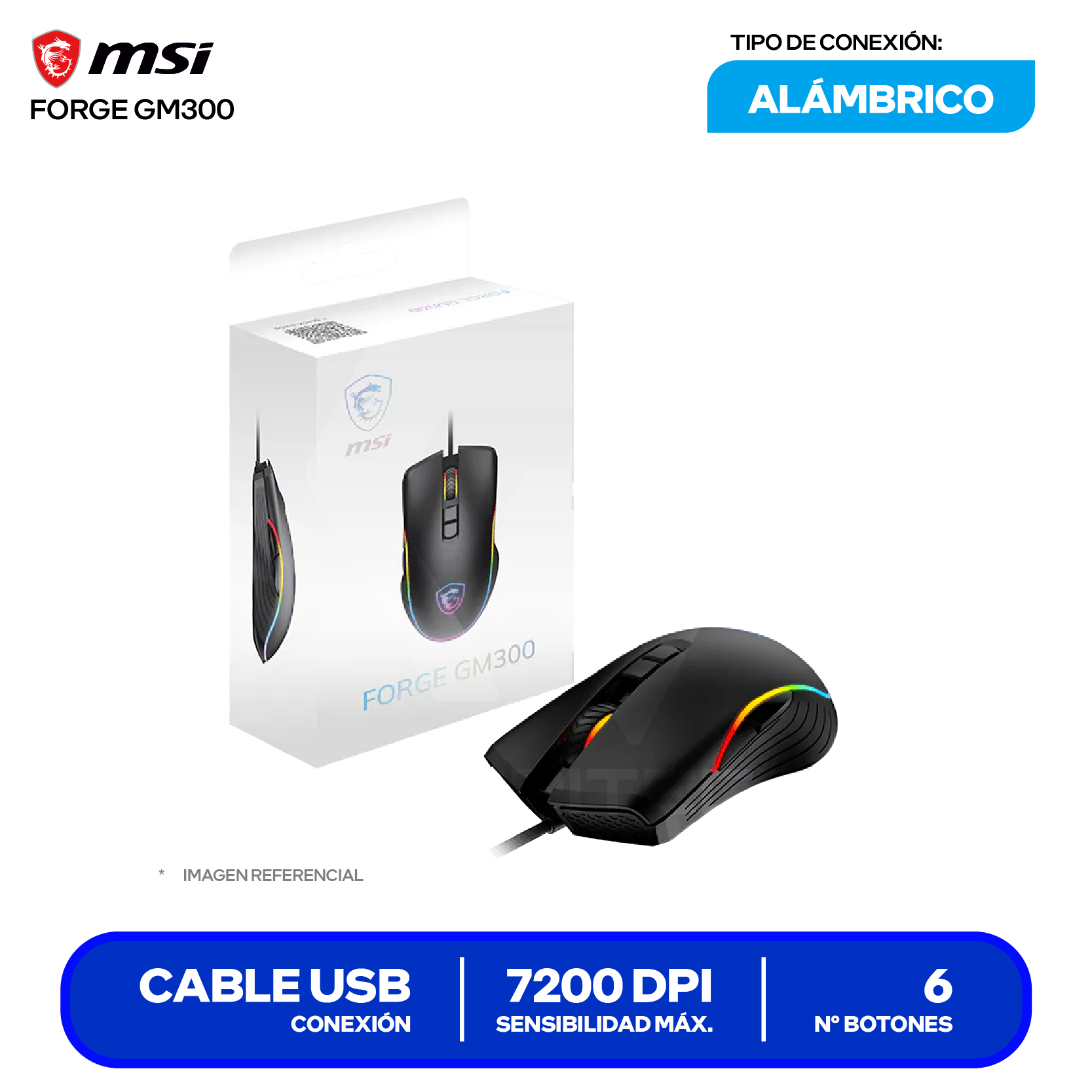 Mouse Gamer MSI Forge GM300 (FORGE GM300) Negro, 7200 DPI
