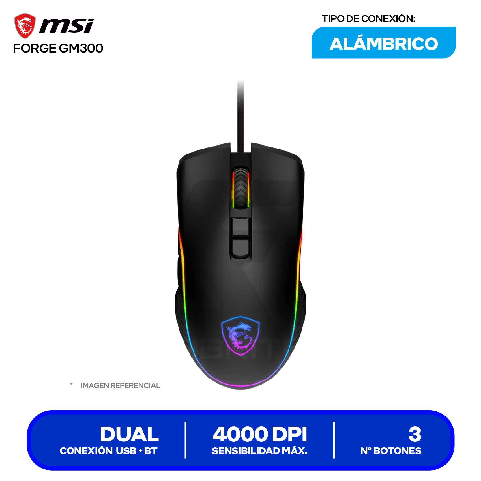Mouse Gamer MSI Forge GM300 (FORGE GM300) Negro, 7200 DPI