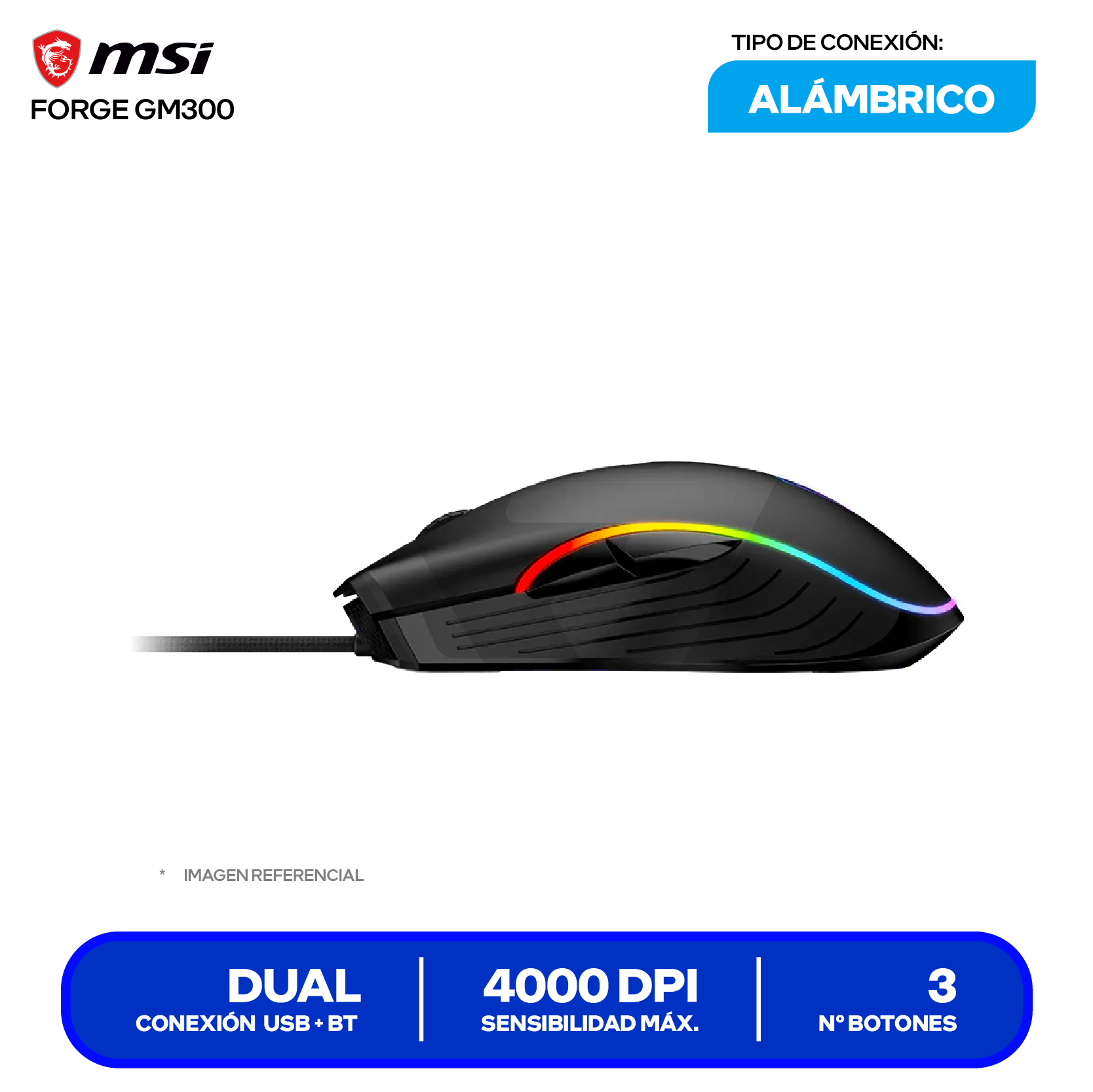 Mouse Gamer MSI Forge GM300 (FORGE GM300) Negro, 7200 DPI
