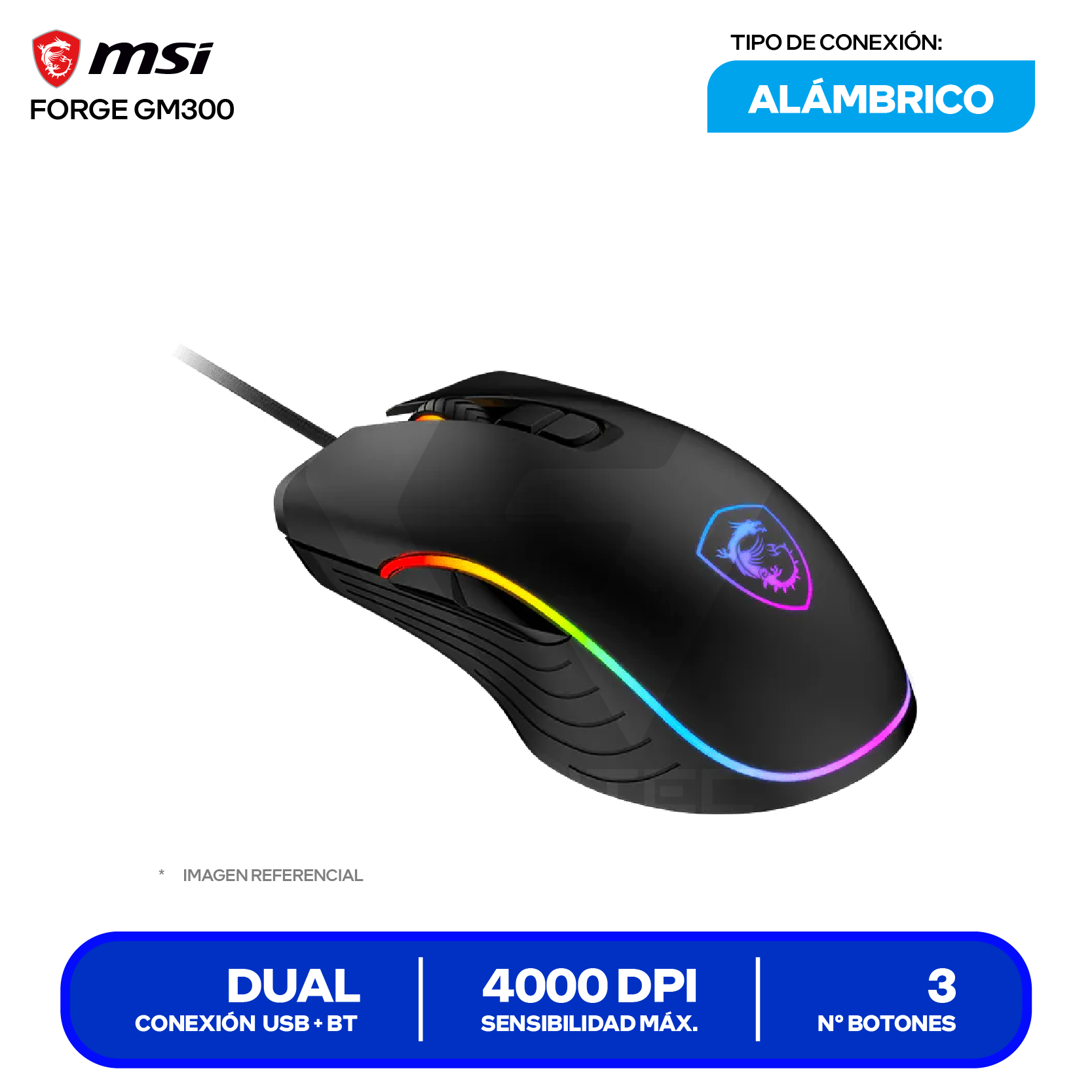 Mouse Gamer MSI Forge GM300 (FORGE GM300) Negro, 7200 DPI