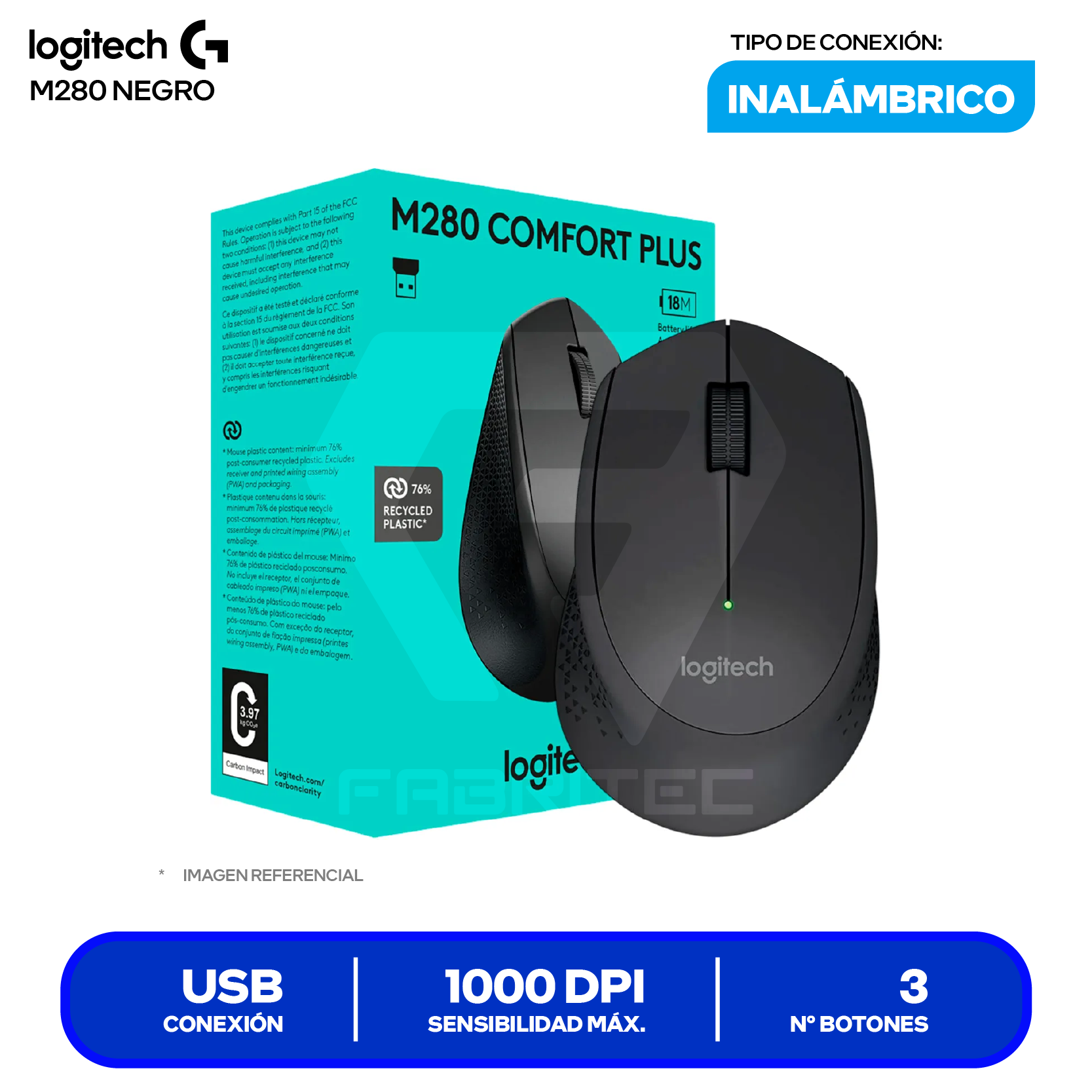 Mouse Inalámbrico Logitech M280 (910-004284) Negro, 1000 DPI