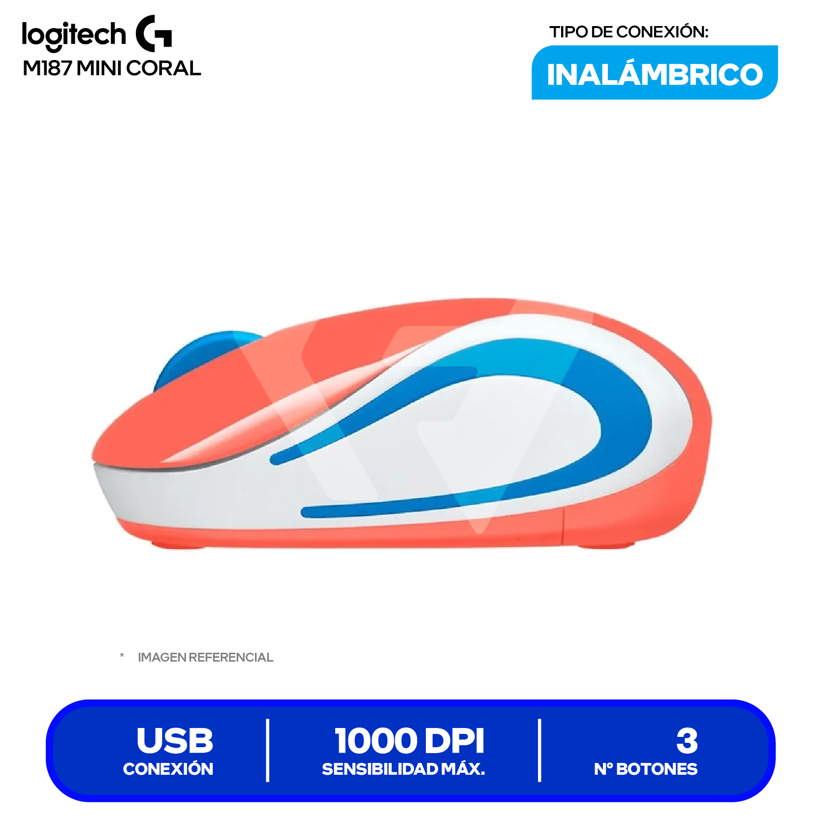 Mouse Inalámbrico Logitech M187 Mini (910-005362) Coral, 1000 DPI