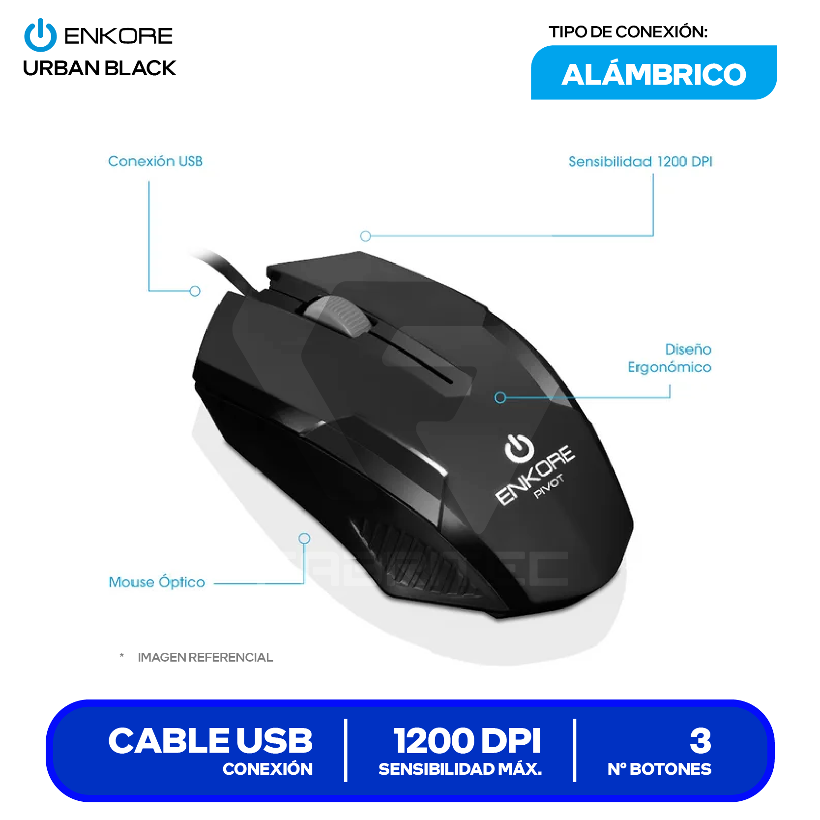 Mouse Alámbrico Enkore Pivot (EKM105) Negro, 1200 DPI