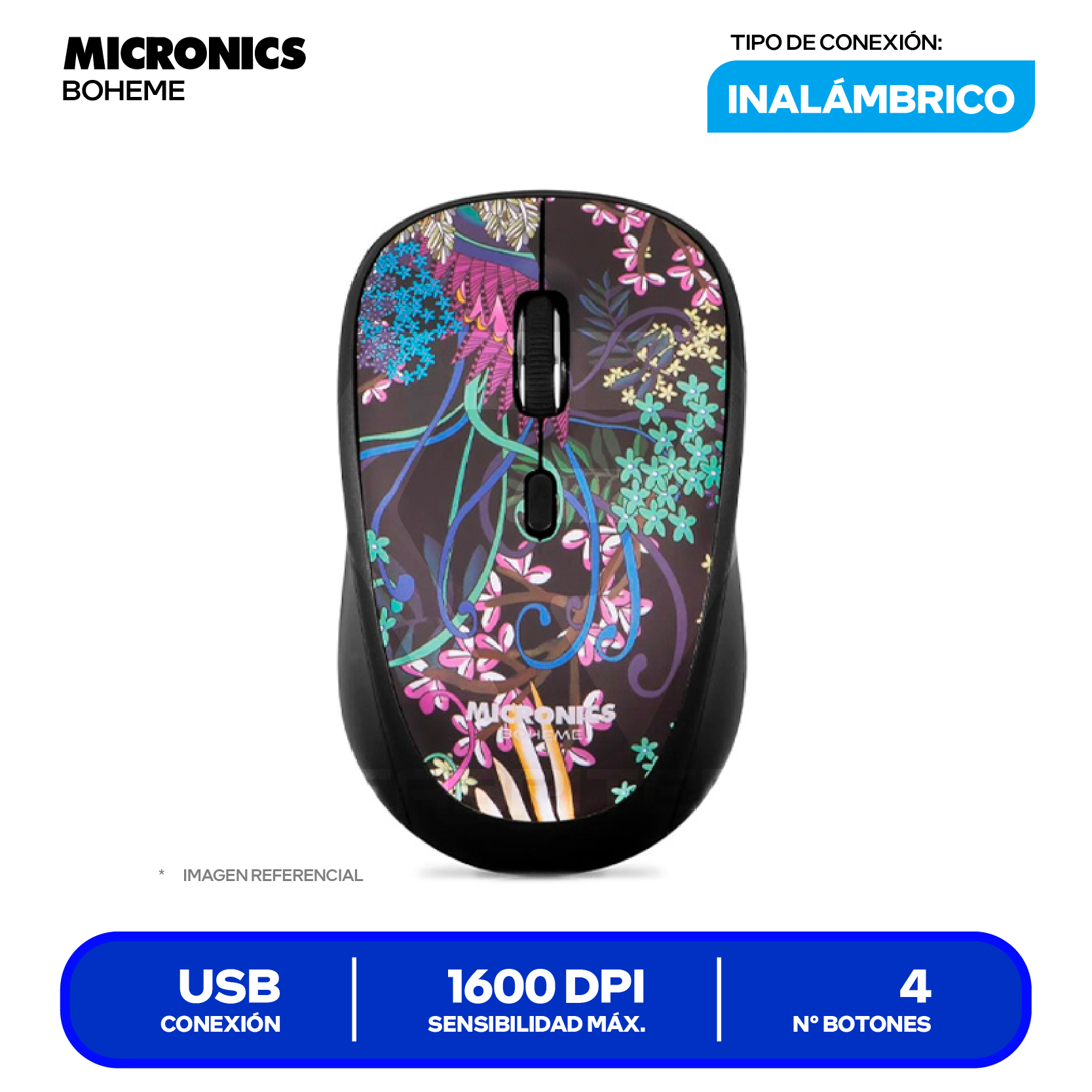 Mouse Inalámbrico Micronics Boheme (MIC M714) 1600 DPI