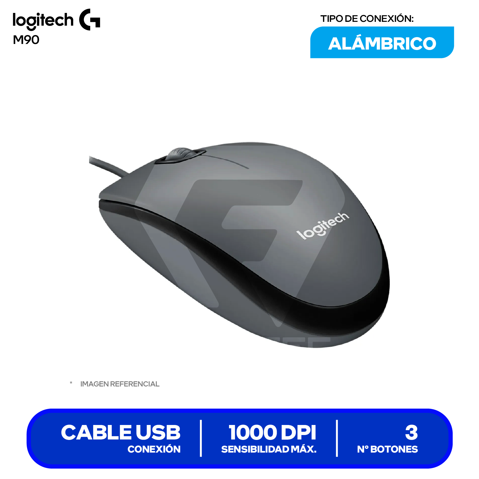 Mouse Alámbrico Logitech M90 (910-004053) Negro, 1000 DPI