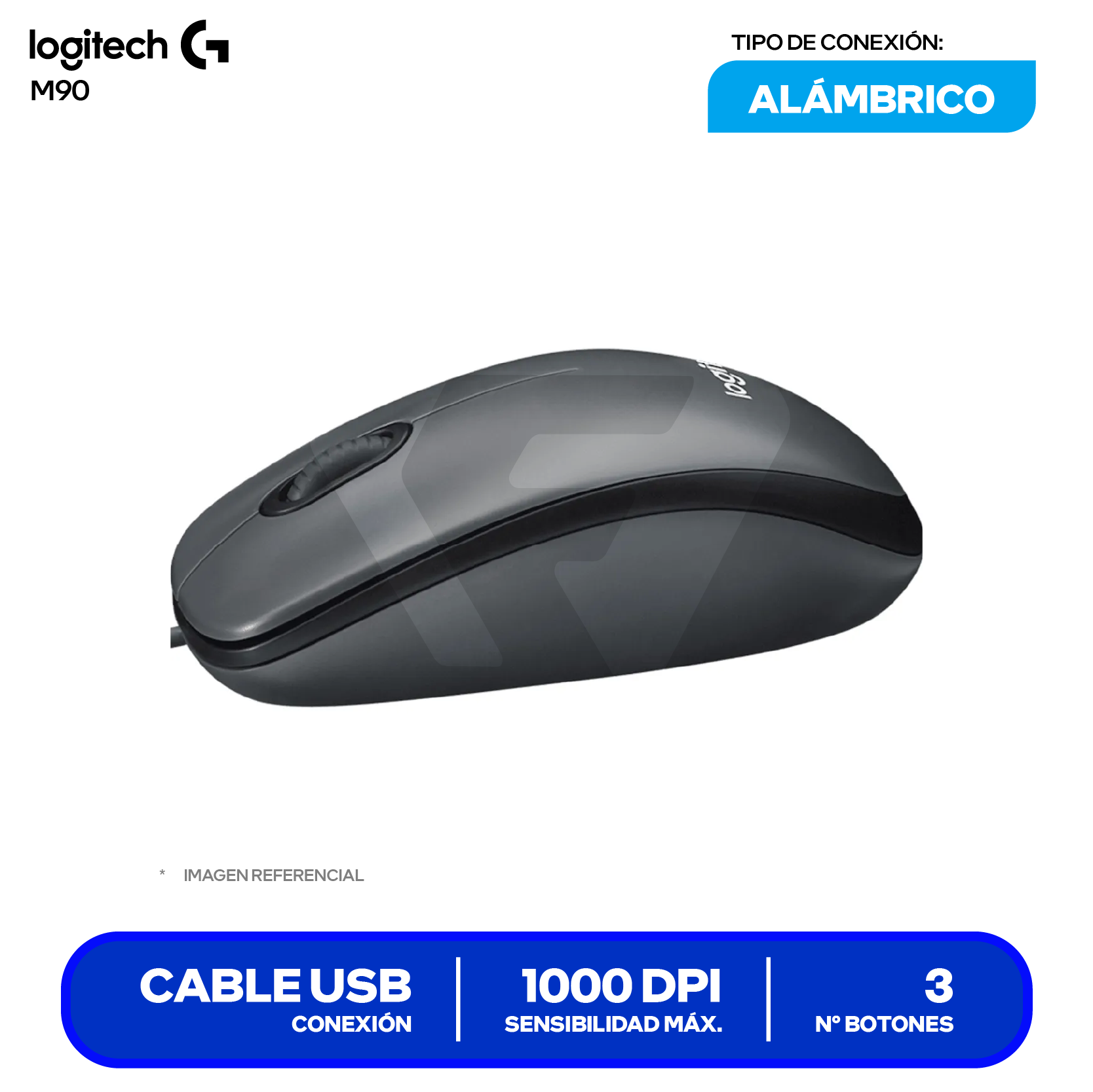 Mouse Alámbrico Logitech M90 (910-004053) Negro, 1000 DPI
