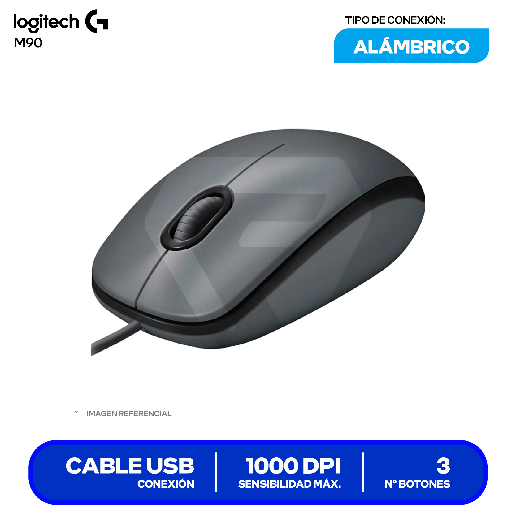 Mouse Alámbrico Logitech M90 (910-004053) Negro, 1000 DPI