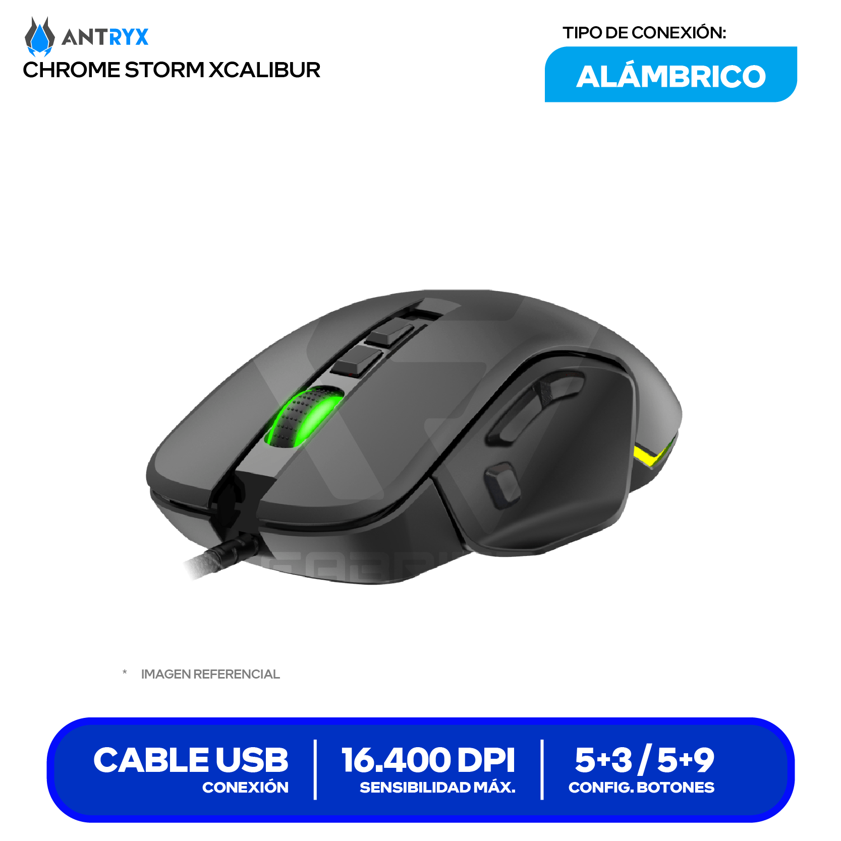 Mouse Gamer Antryx Chrome Storm Xcalibur (AGM-CS7500K) Negro, 16.400 DPI