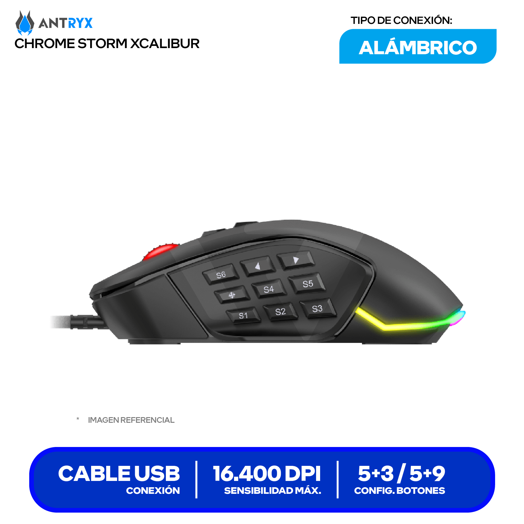 Mouse Gamer Antryx Chrome Storm Xcalibur (AGM-CS7500K) Negro, 16.400 DPI